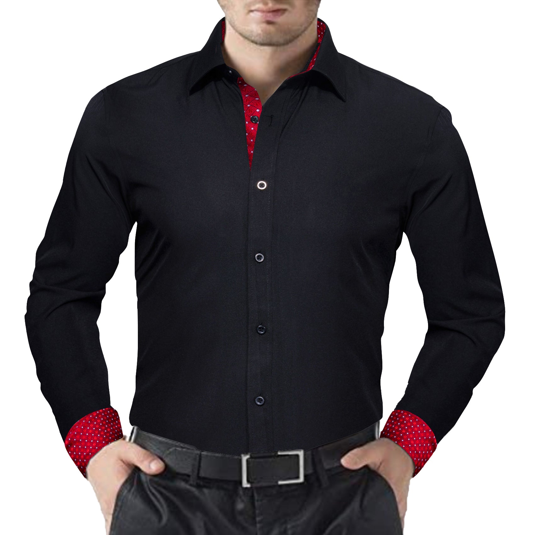 Barry.wang Formal Black Red Splicing Men's Business Shirt