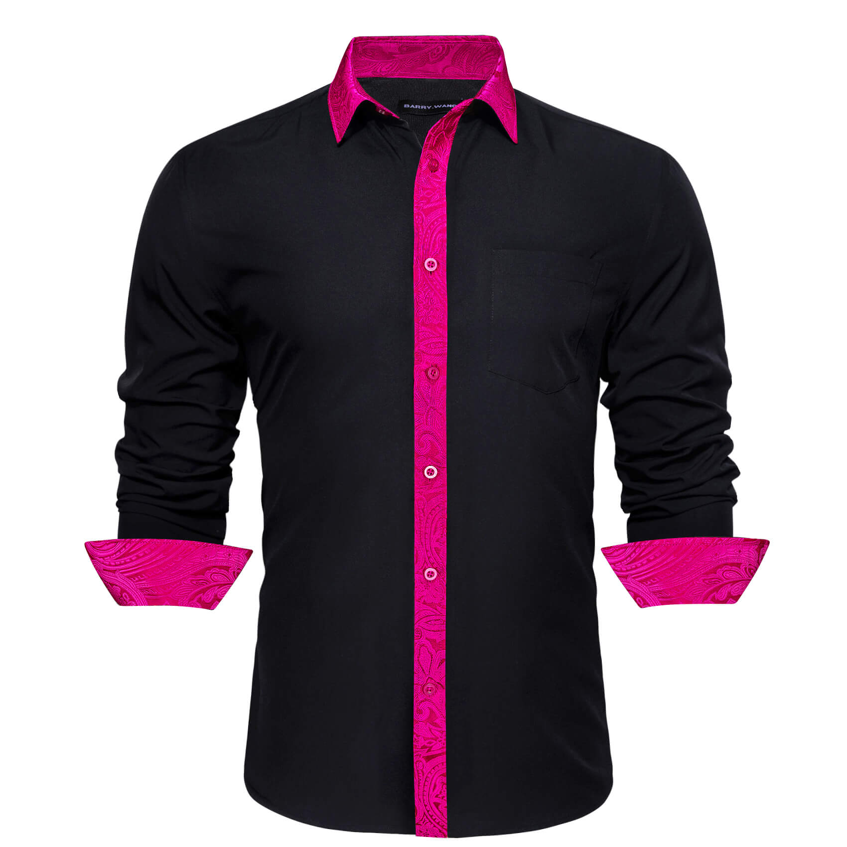 Black Rose Pink Paisley Splicing Men's Long Sleeve Shirt