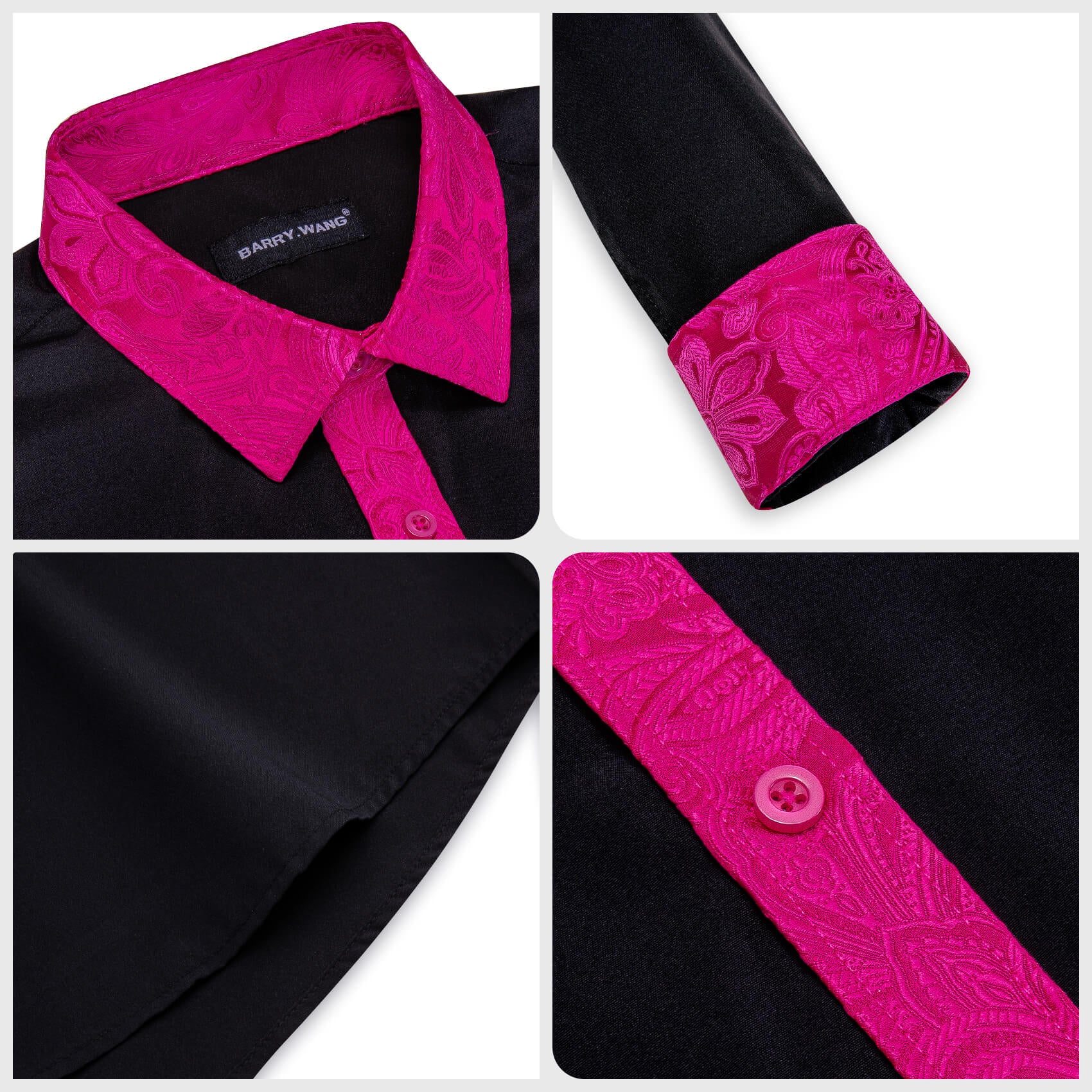 Barry.wang Buttoned Down Shirt Black Rose Pink Paisley Splicing Men's Long Sleeve Shirt