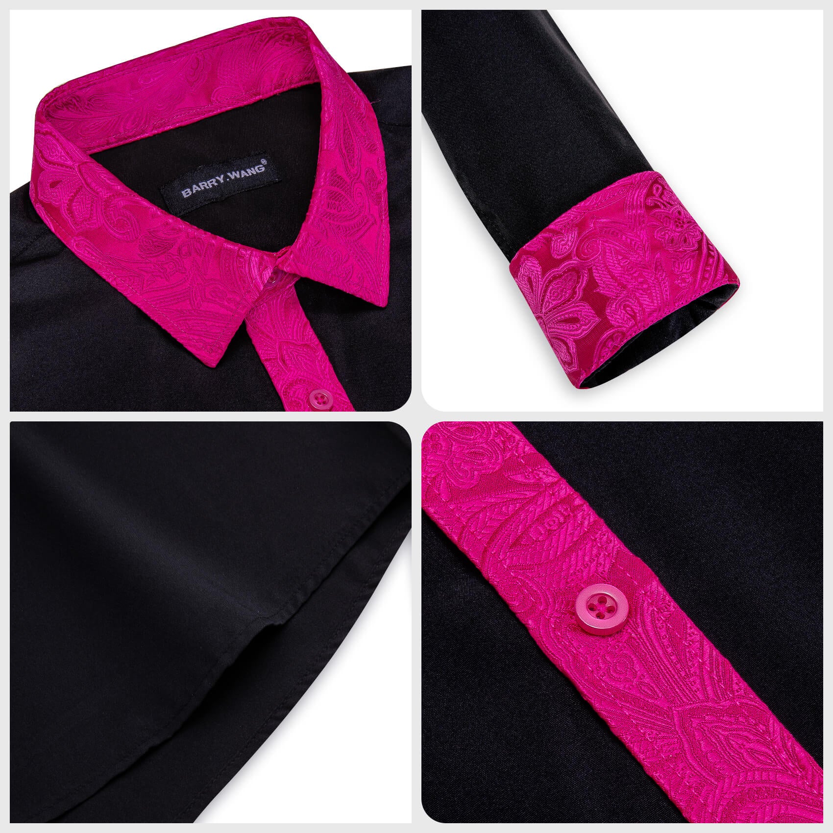 Barry. Wang Mens Black Hot Pink Splicing Shirt Long Sleeve Formal Shirt for Wedding, M Barry. Wang Mens Black Hot Pink Splicing Shirt Long Sleeve Formal Shirt for Wedding, M