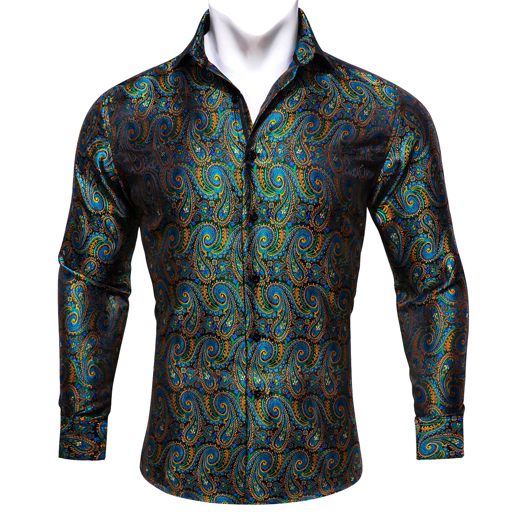 Teal blue green shirt with gold blue jacquard paisley pattern long sleeve shirts