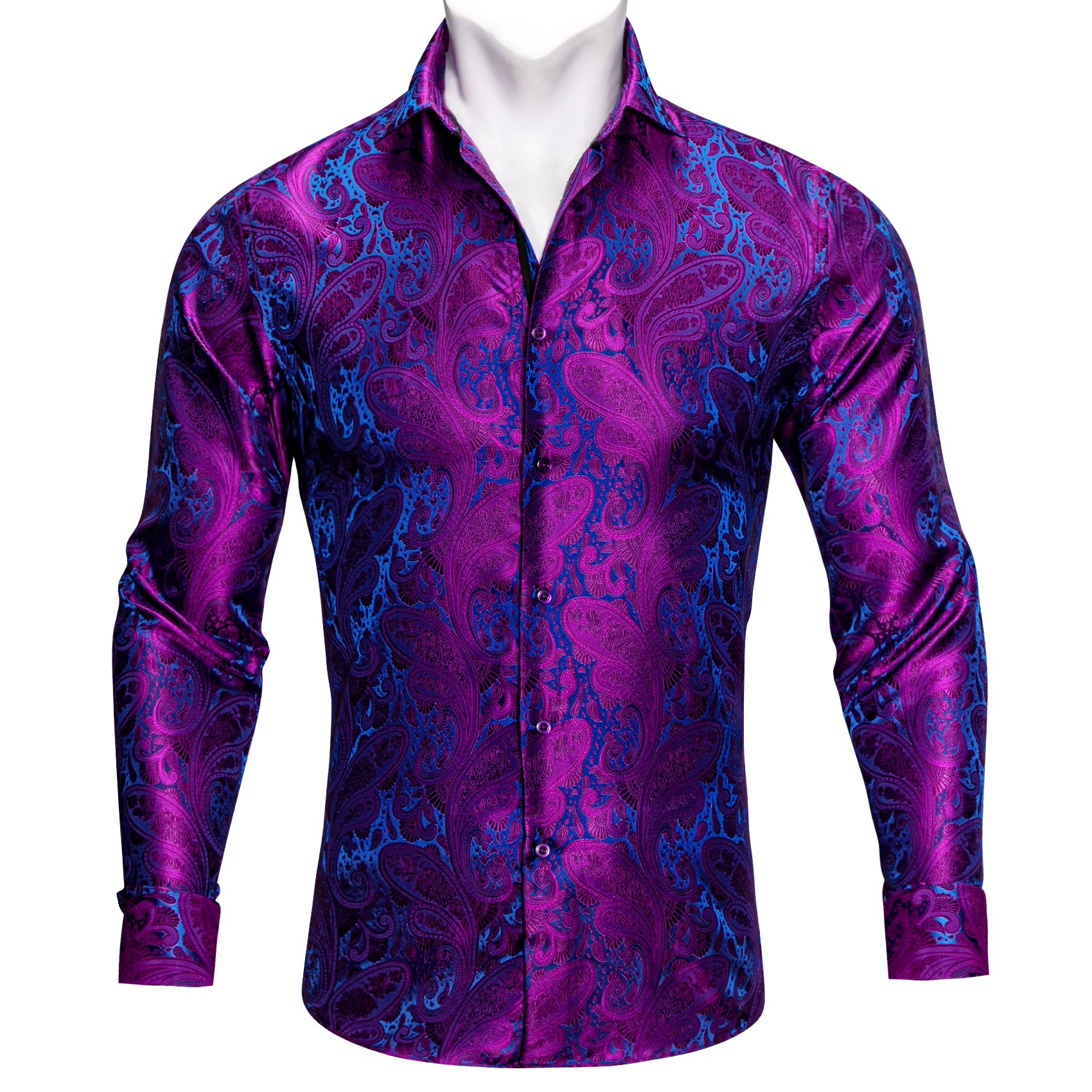 Barry.wang Purple Blue Paisley Silk Men's Shirt