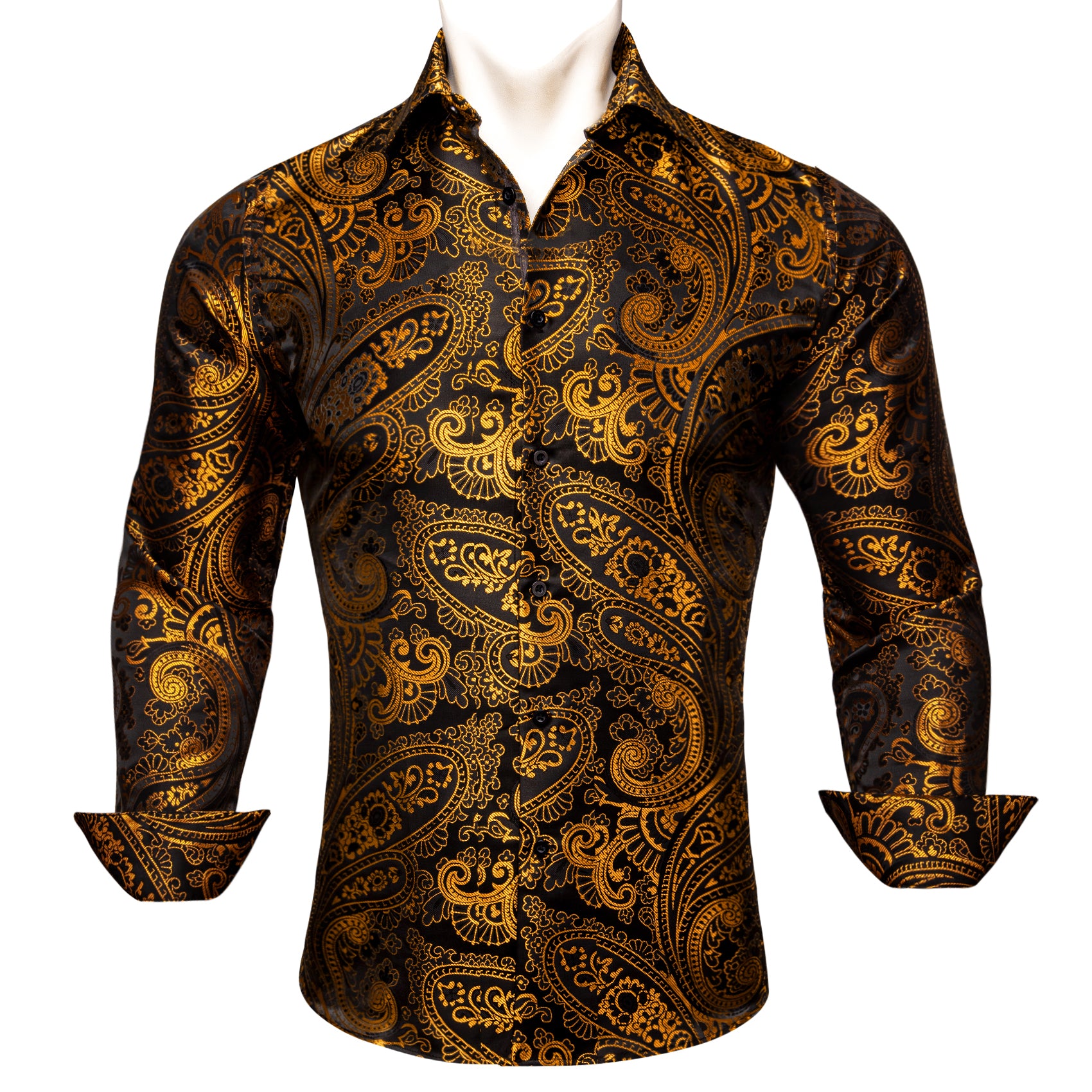 Barry.wang New Gold Black Paisley Silk Men's Shirt