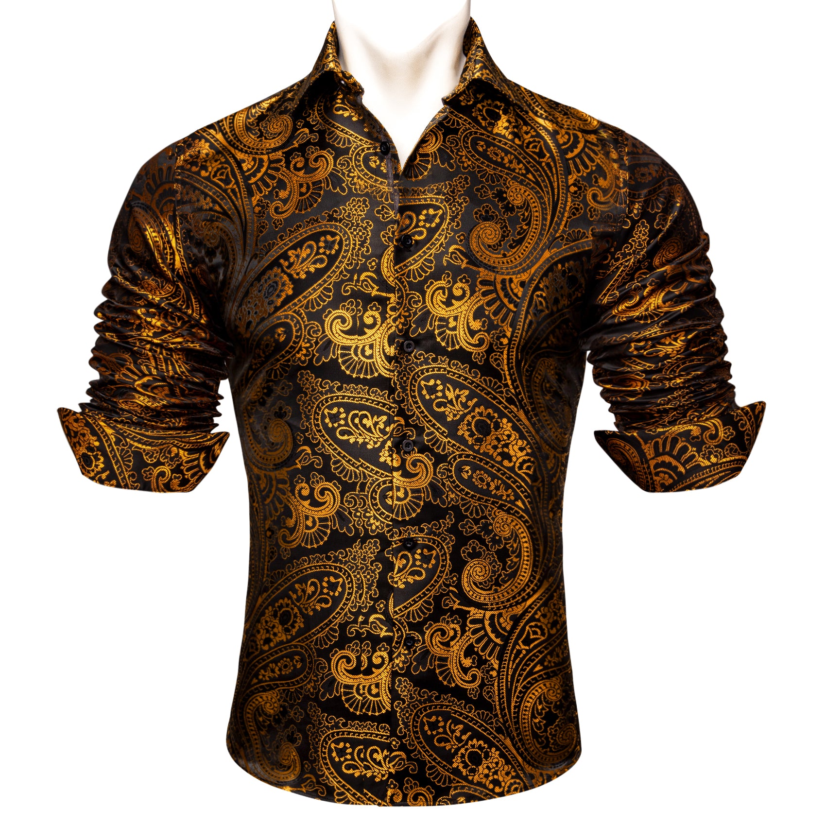 Barry.wang Gold Black Paisley Silk Men's Shirt