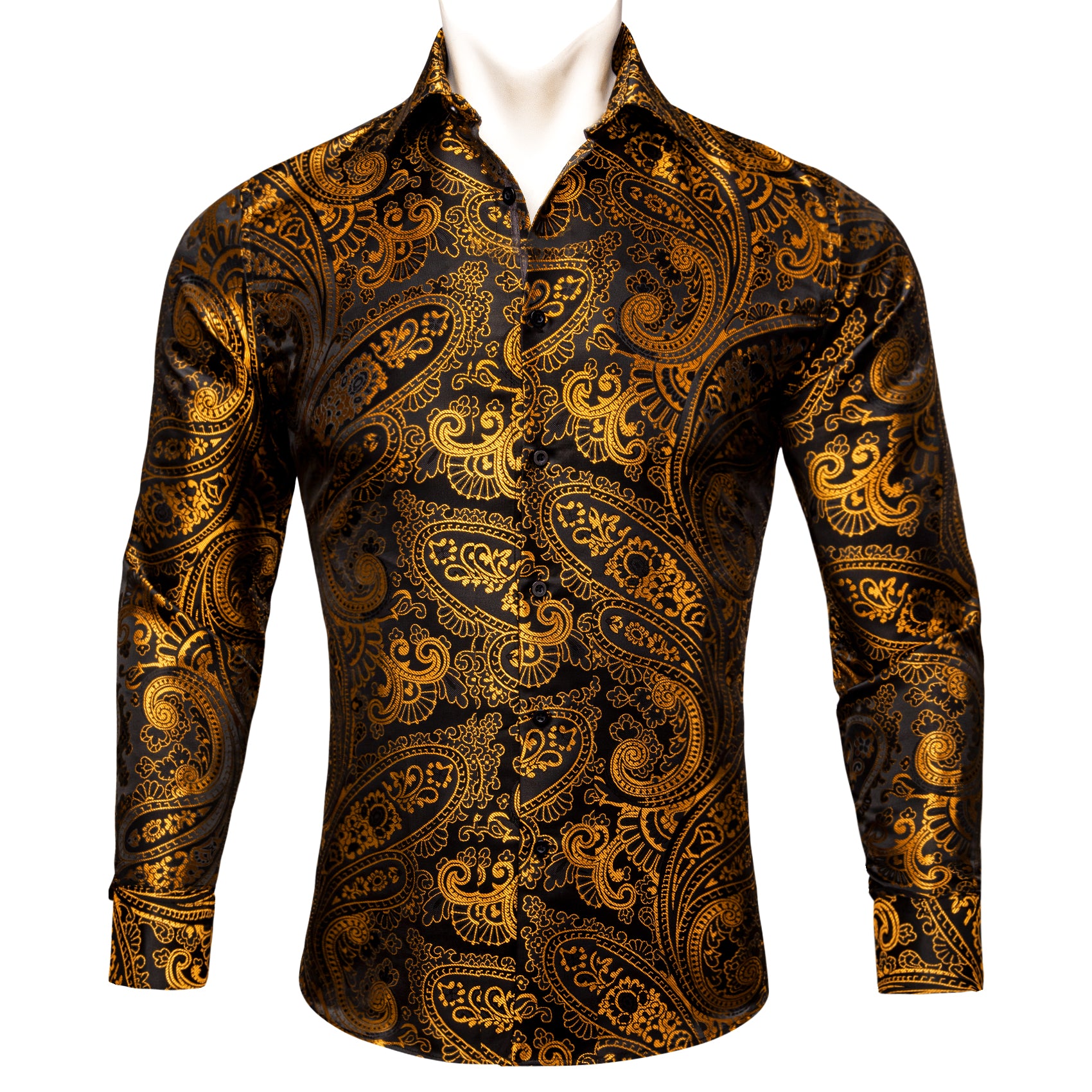 Barry.wang Gold Black Paisley Silk Men's Shirt