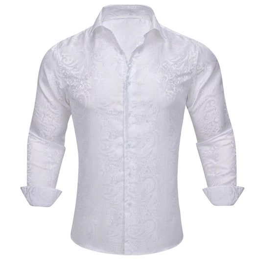 Barry.Wang 2pcs Mens Shirts White Hunter Green Paisley Shirt Silk Shirt