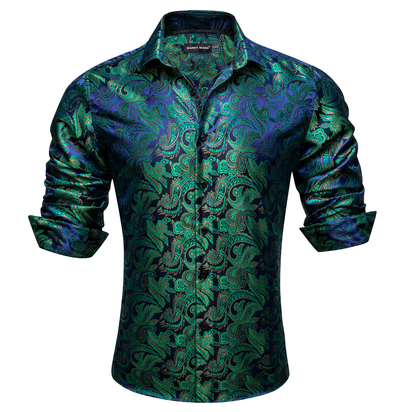 Barry.wang Green Blue Paisley Silk Men's Shirt