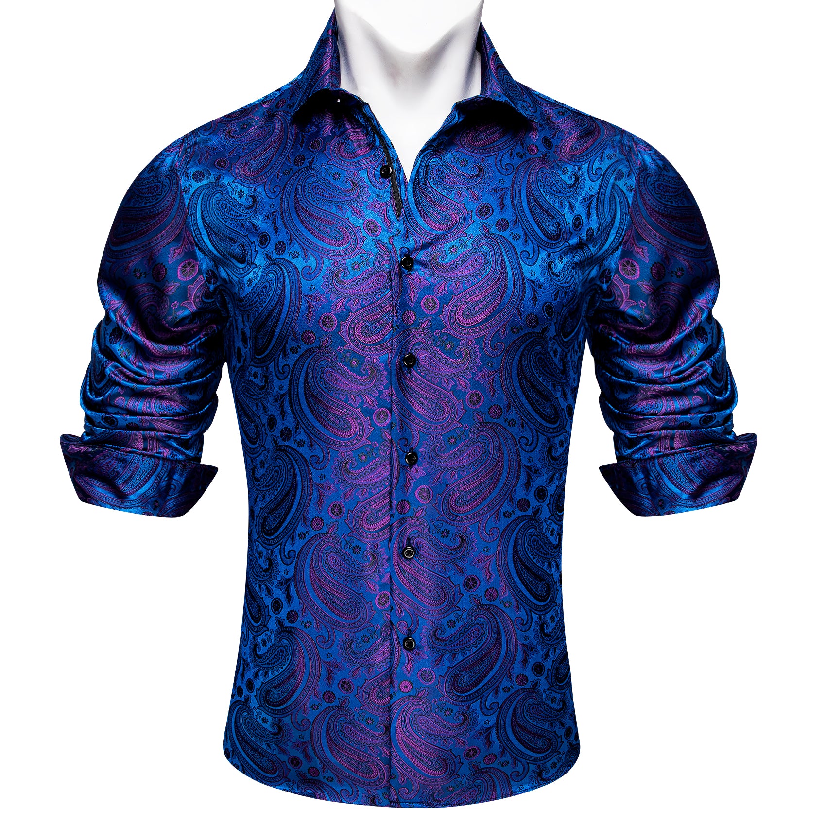 Barry.wang Blue Purple Paisley Silk Men's Shirt