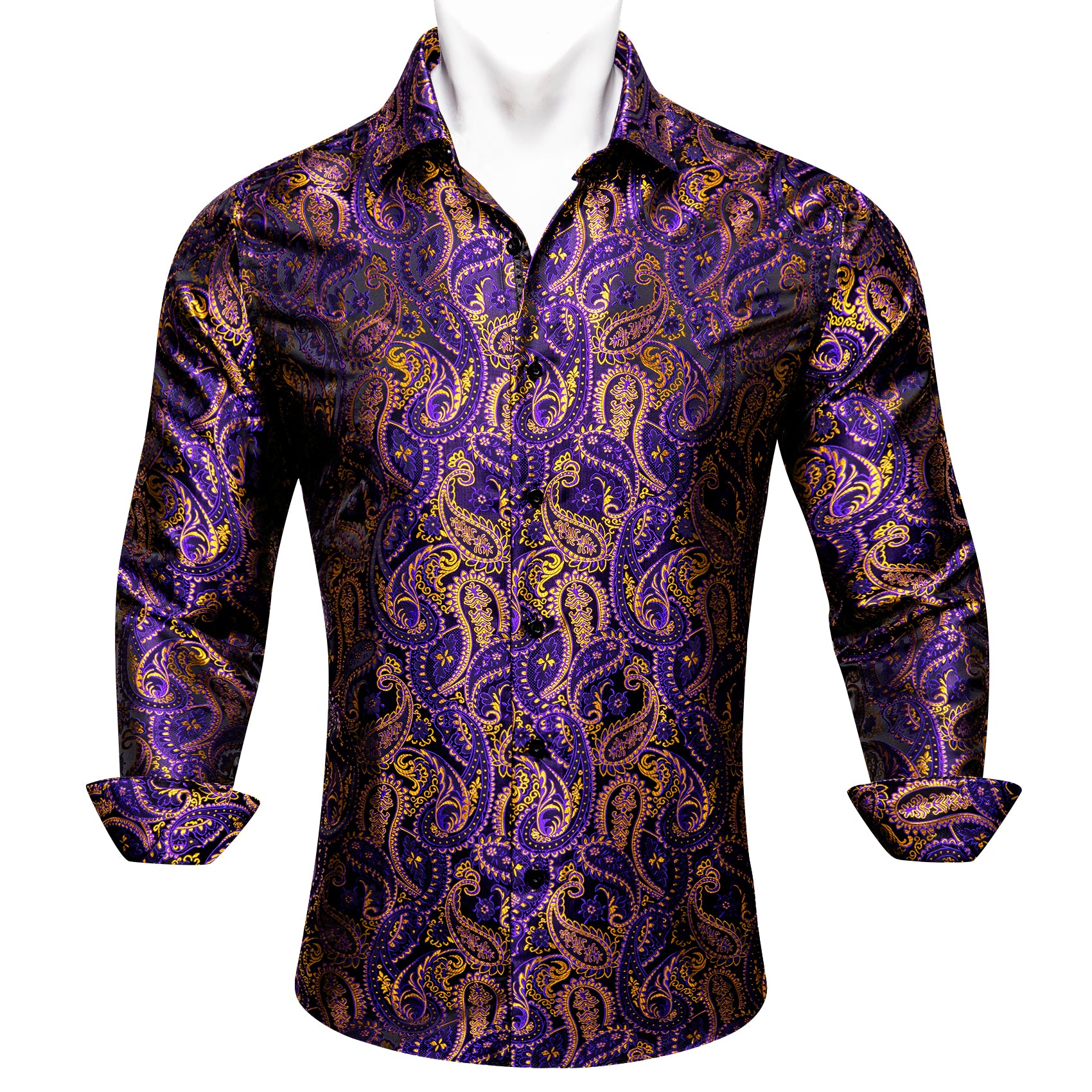 Barry.wang Purple Gold Paisley Men's Silk Shirt