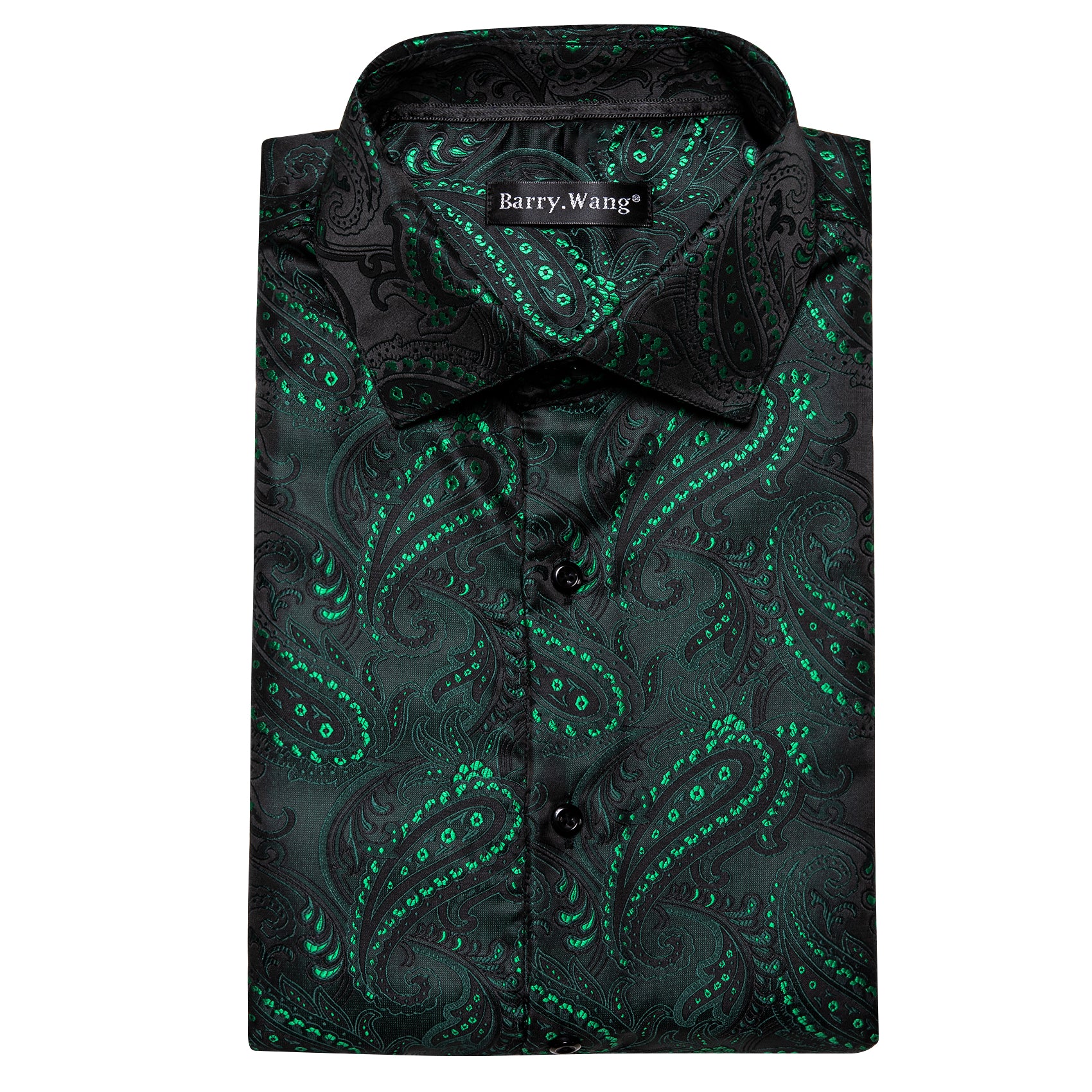 Barry.wang Fashion Green Black Paisley Silk Men's Shirt