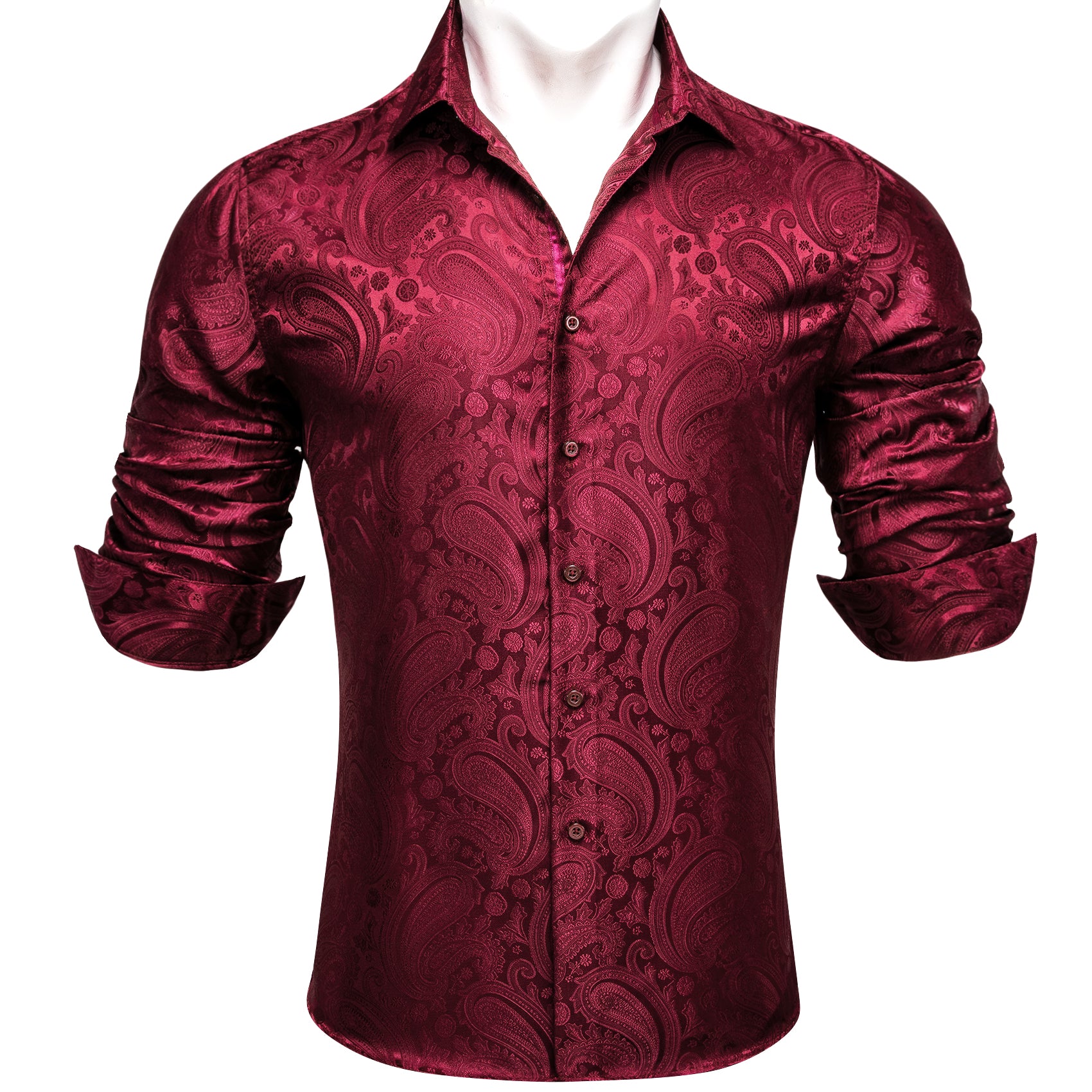 men's untucked button down dark red paisley shirt 