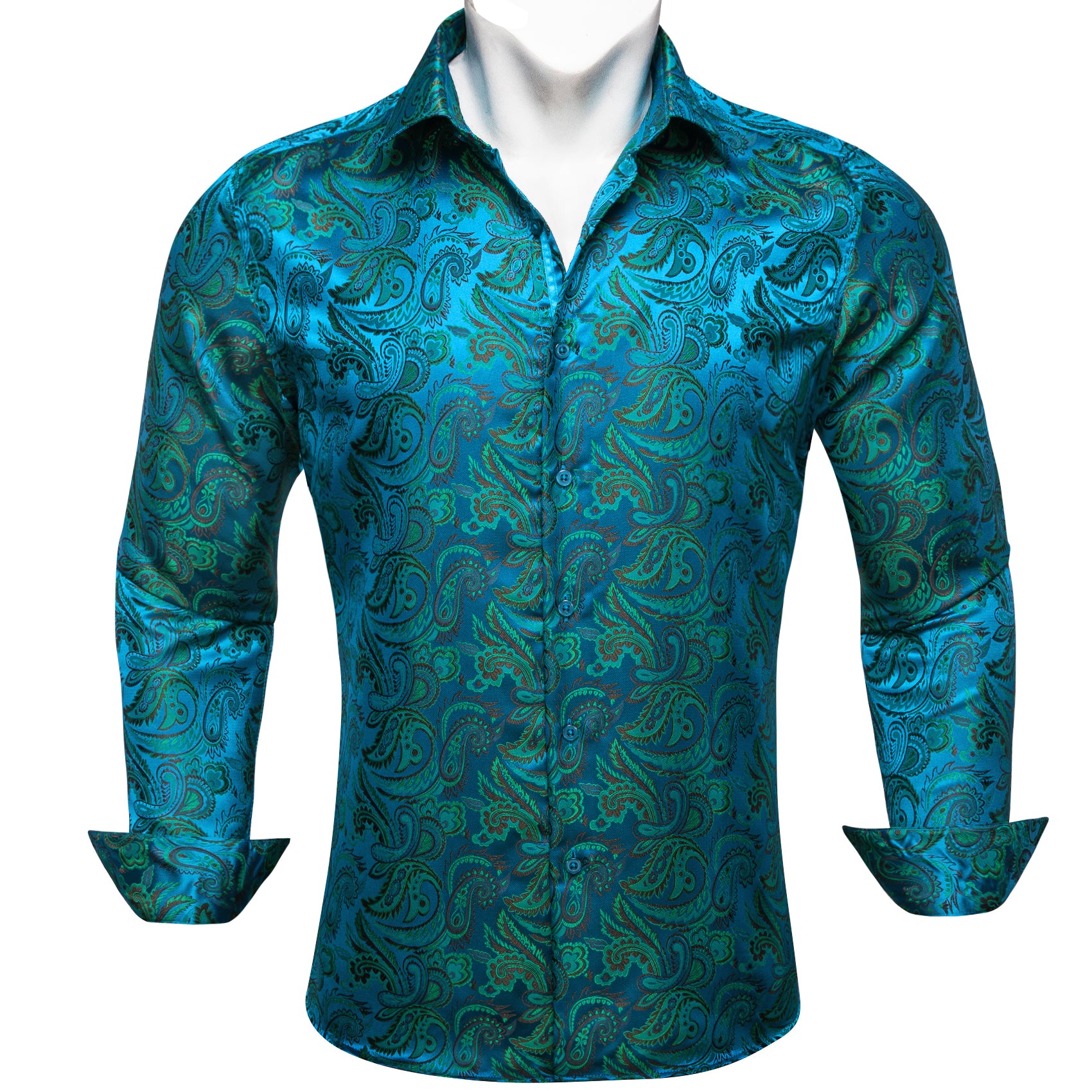 Barry.wang Blue Green Paisley Silk Men's Shirt
