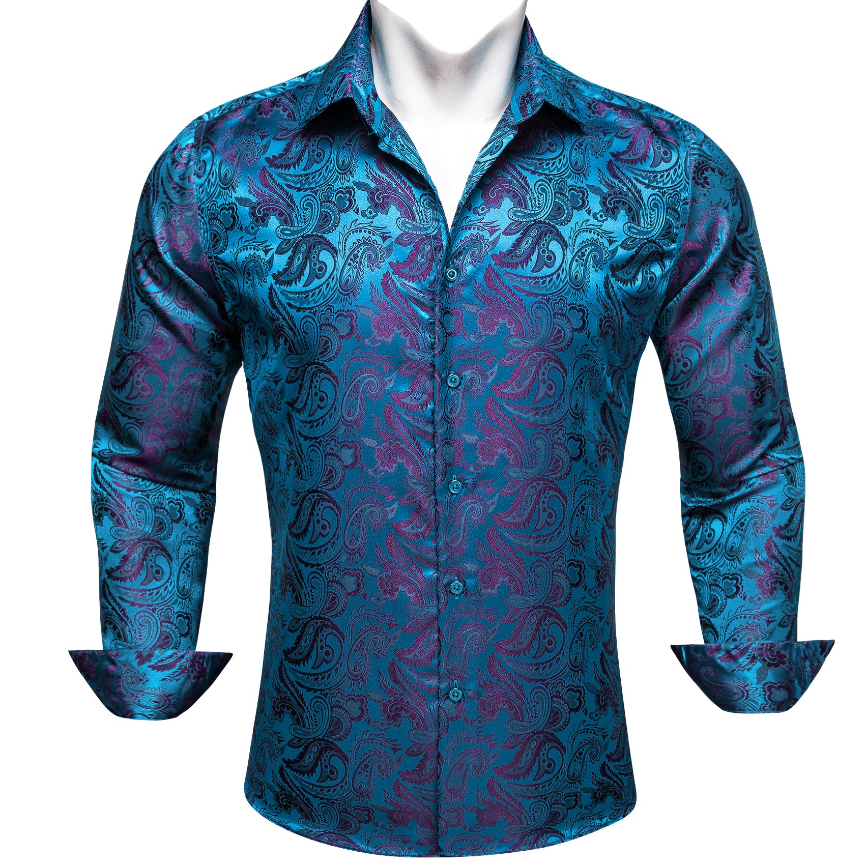 Barry.wang Blue Purple Paisley Silk Men's Shirt