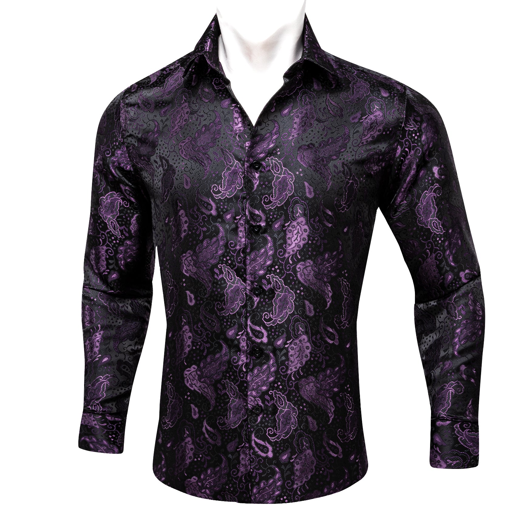 Barry.wang Black Purple Paisley Silk Men's Shirt
