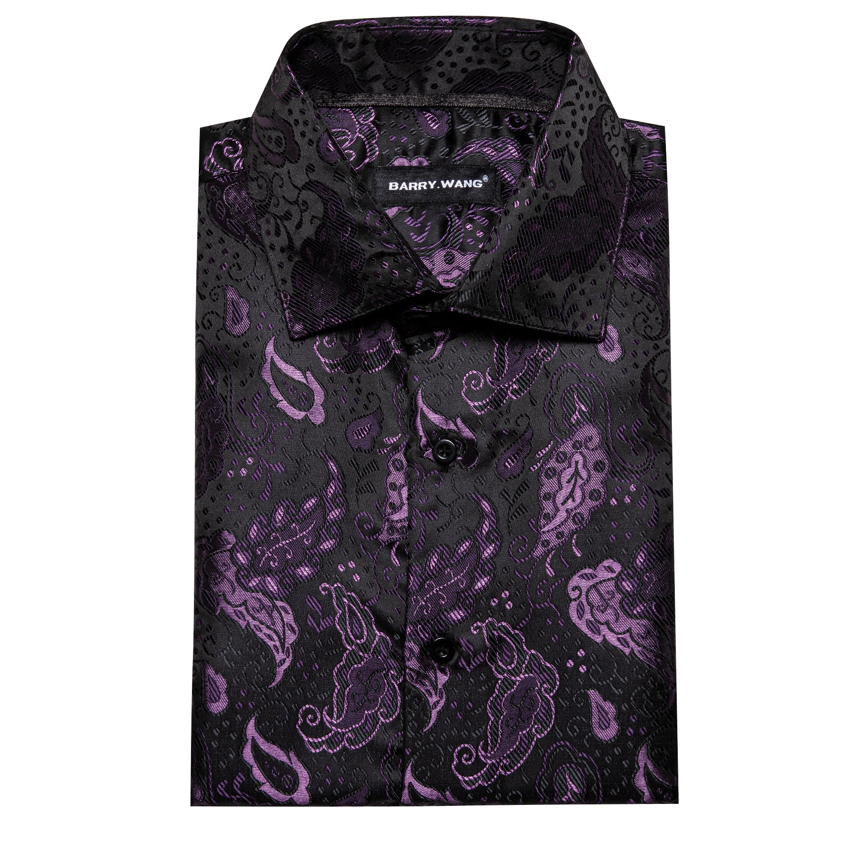 Barry.wang Black Purple Paisley Silk Men's Shirt