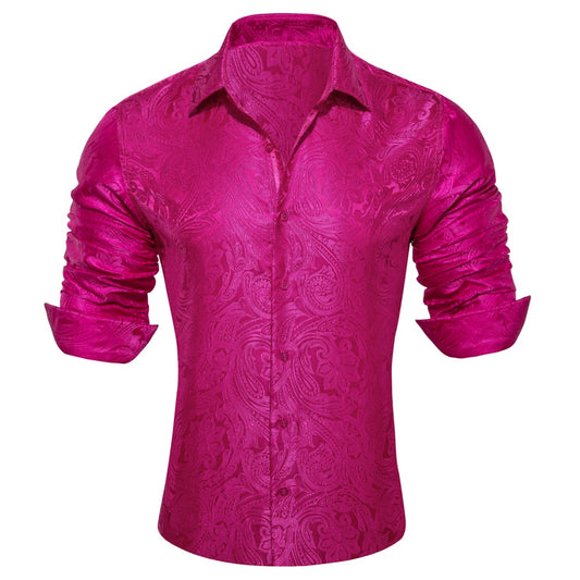 Barry. Wang Mens Fuchsia Pink Western Shirts Paisley Long Sleeve Button Down Dress Shirt