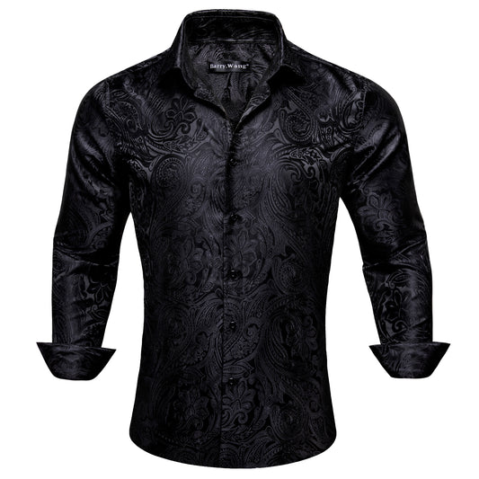 Barry.Wang 2pcs Men Dress Shirts Black White Paisley 70s Disco Shirt Silk Long Sleeve Shirt