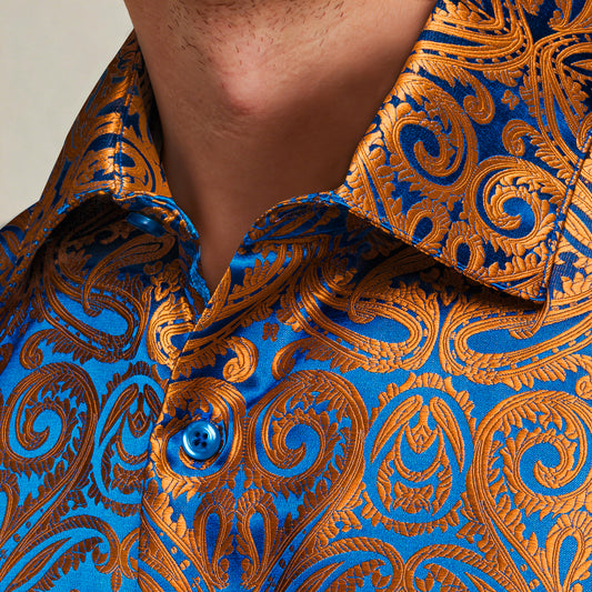 Barry. Wang Brown Button Down Shirt Casual Paisley Silk Long Sleeve Dress Shirt