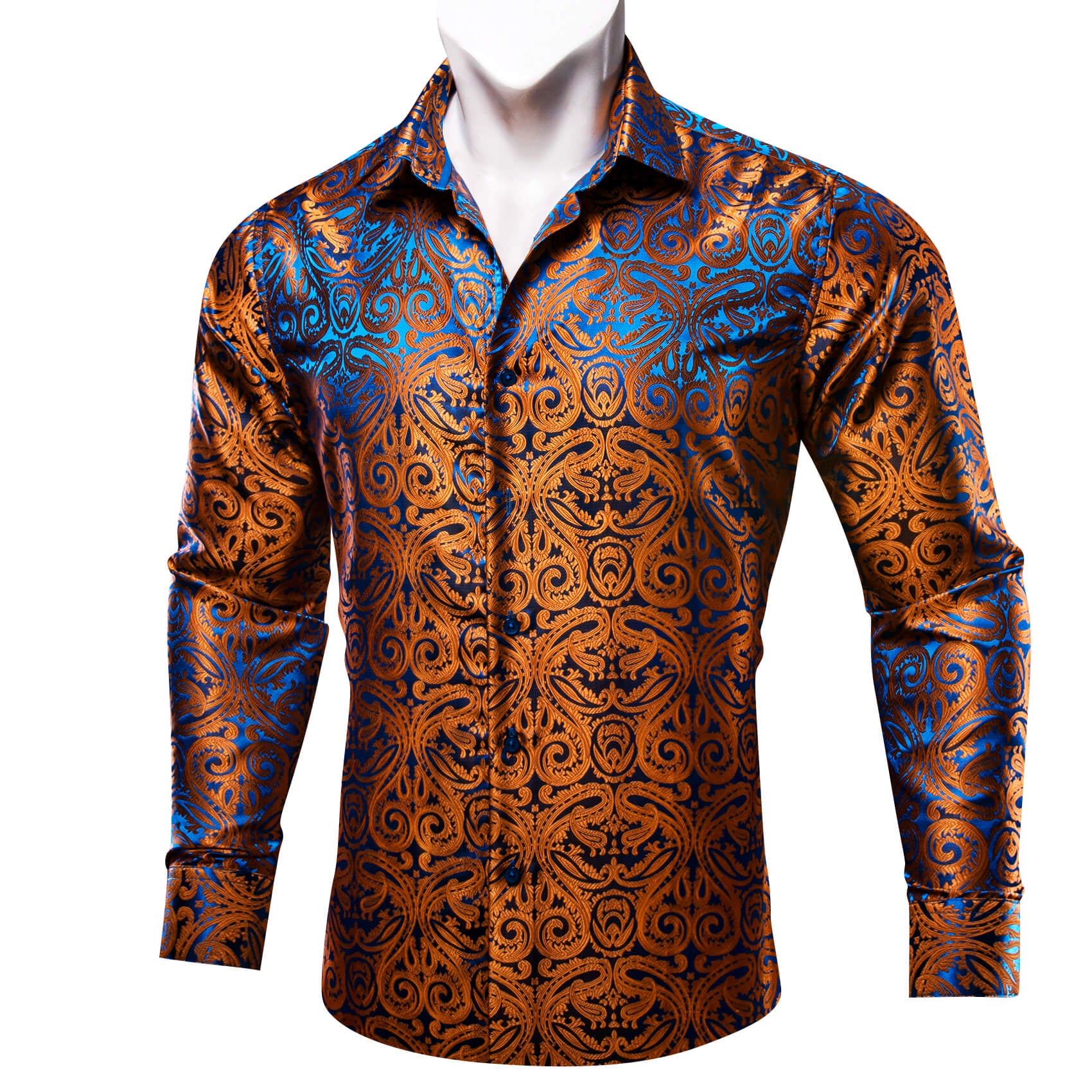 Barry. Wang Mens Button Down Shirt Copper Paisley Casual Silk Long Sleeve Dress Shirt