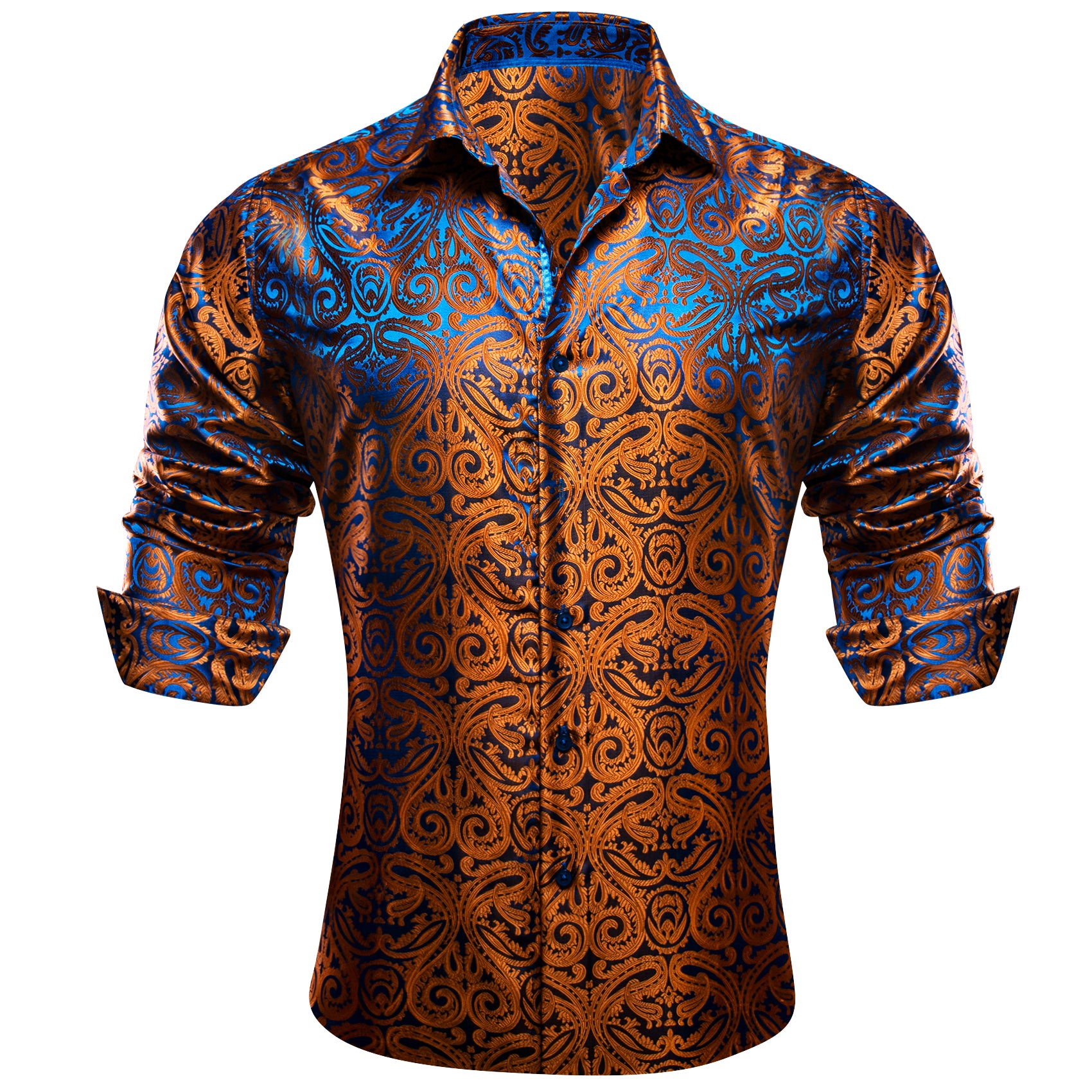 Barry. Wang Burnt Orange Paisley Dress Shirt for Men Silk Casual Long Sleeve Shirt, L Barry. Wang Burnt Orange Paisley Dress Shirt for Men Silk Casual Long Sleeve Shirt, L