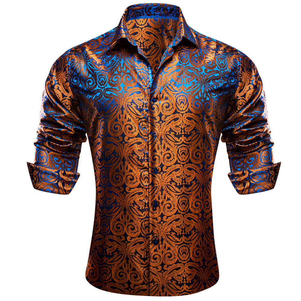 Barry. Wang Brown Button Down Shirt Casual Paisley Silk Long Sleeve Dress Shirt, L / Gold Barry. Wang Brown Button Down Shirt Casual Paisley Silk Long Sleeve Dress Shirt, L / Gold