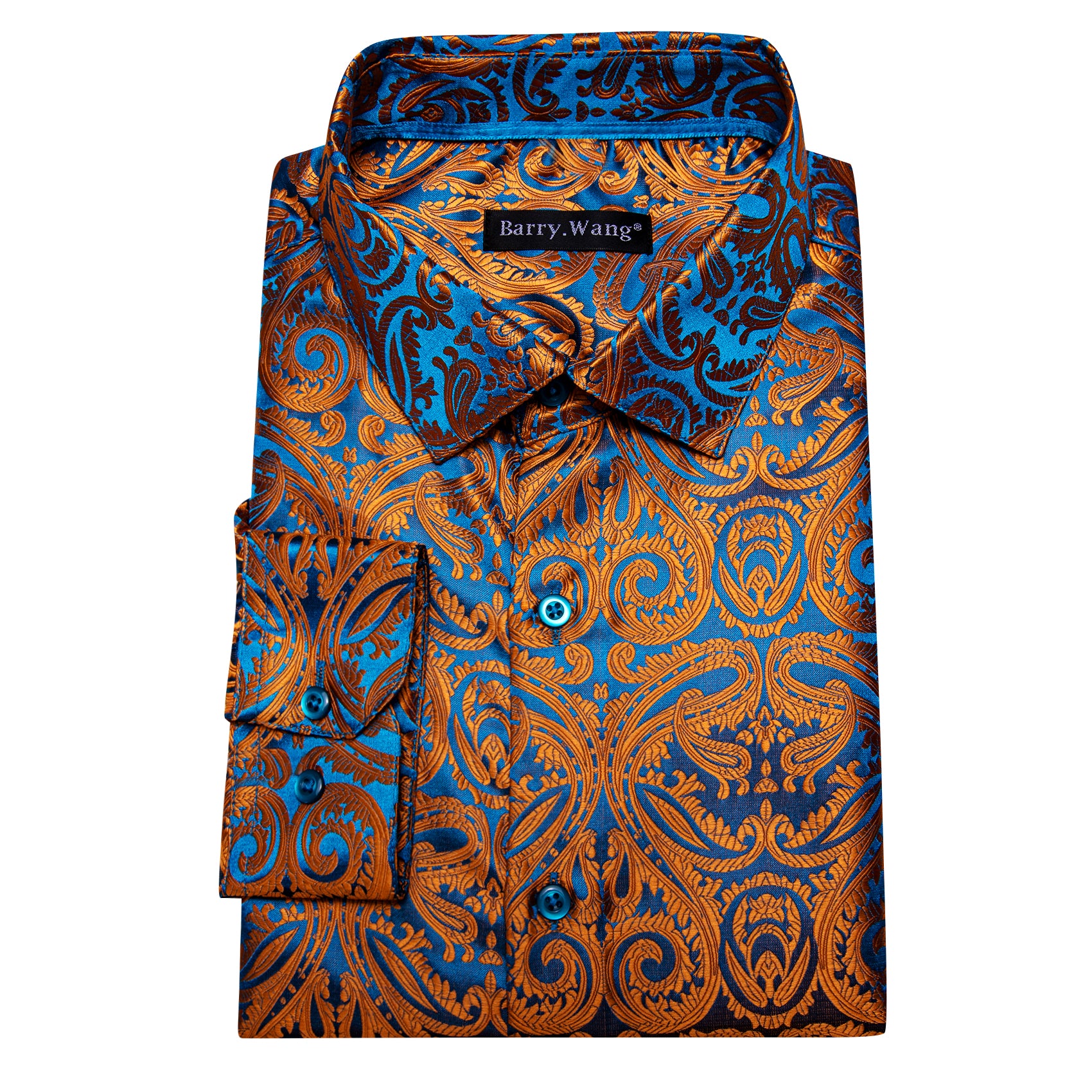 Barry. Wang Burnt Orange Paisley Dress Shirt for Men Silk Casual Long Sleeve Shirt, L
