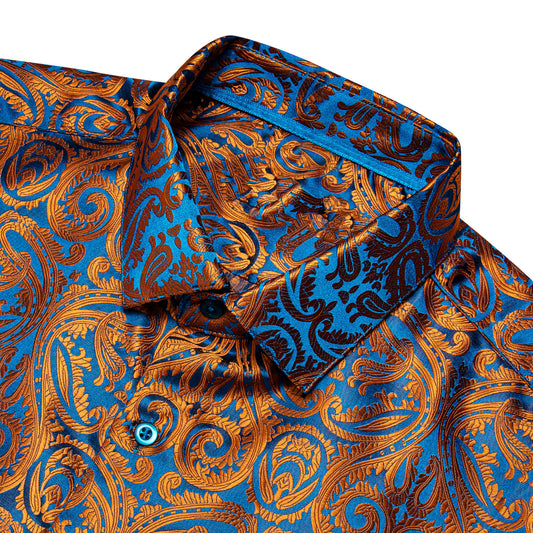 Barry. Wang Mens Button Down Shirt Copper Paisley Casual Silk Long Sleeve Dress Shirt