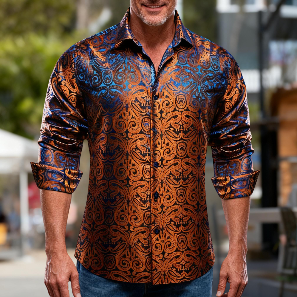 Barry. Wang Burnt Orange Paisley Dress Shirt for Men Silk Casual Long Barry. Wang Burnt Orange Paisley Dress Shirt for Men Silk Casual Long