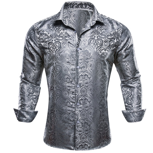 Barry. Wang Western Shirt Casual Silver Paisley Jacquard Long Sleeve Button Down Shirt