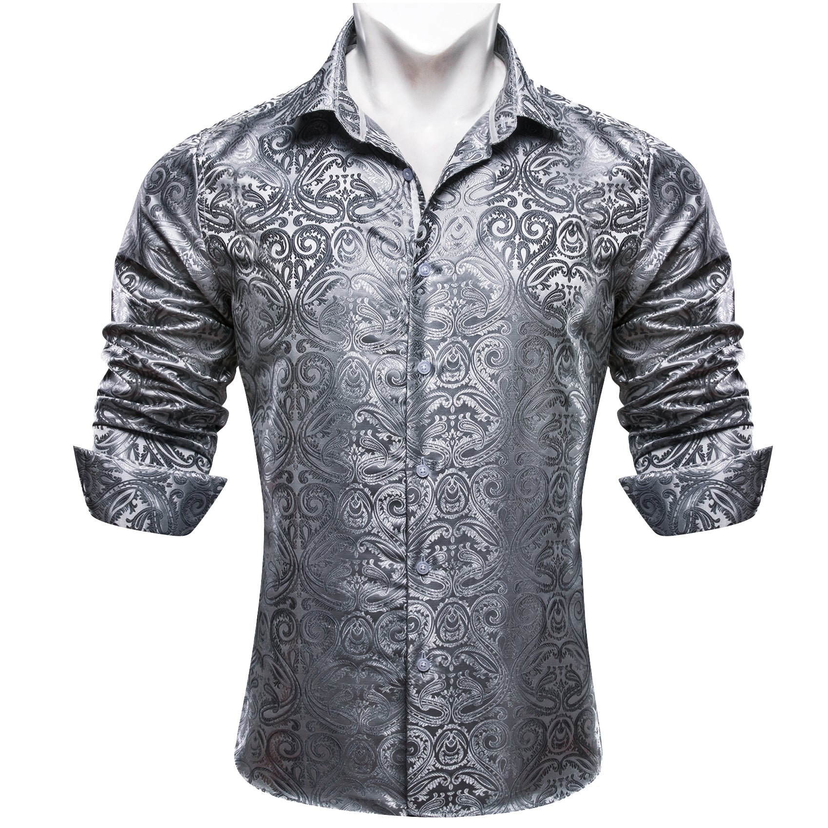 Barry. Wang Western Shirt Casual Silver Paisley Jacquard Long Sleeve Button Down Shirt, L Barry. Wang Western Shirt Casual Silver Paisley Jacquard Long Sleeve Button Down Shirt, L