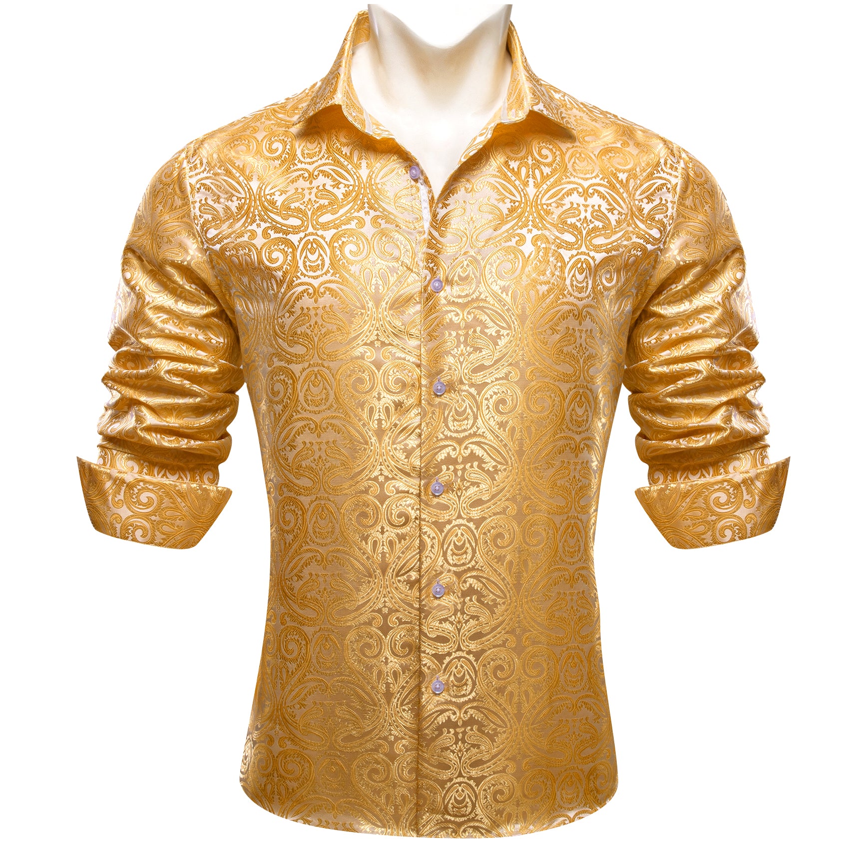Barry.wang Gold Paisley Men's Silk Shirt