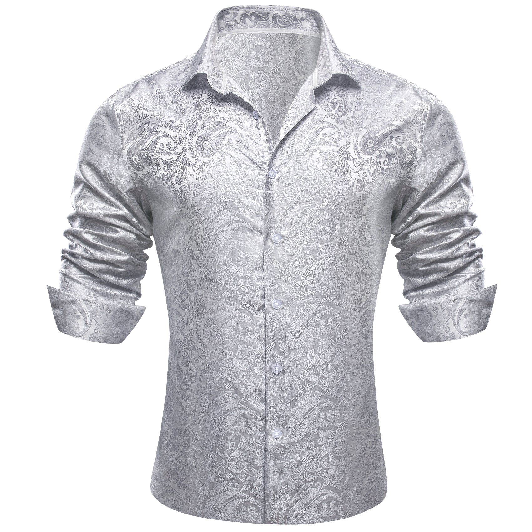 Barry Wang Long Sleeve Shirt Grey White Paisley Men's Silk Dress Shirt
