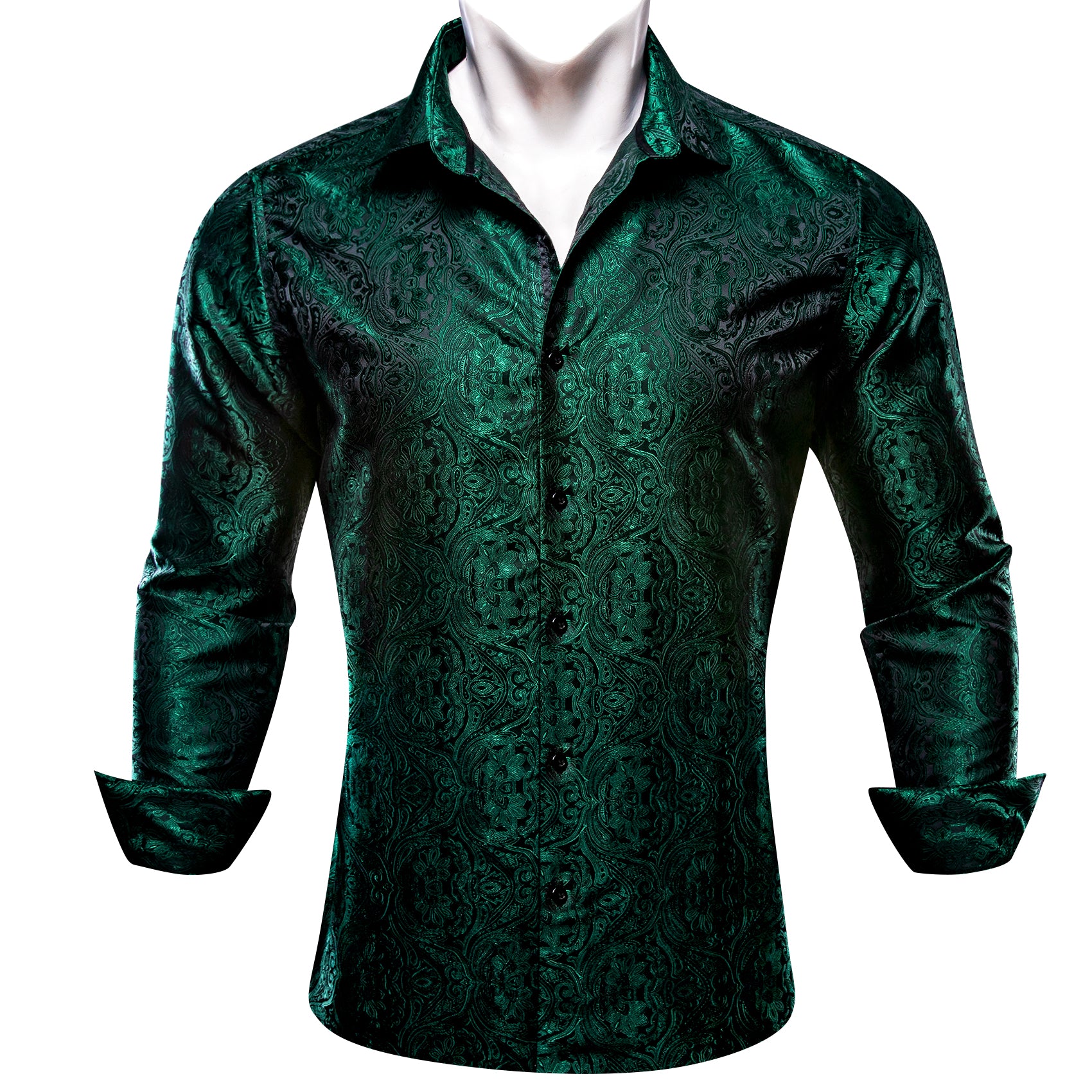 Barry.wang New Black Green Paisley Men's Silk Shirt