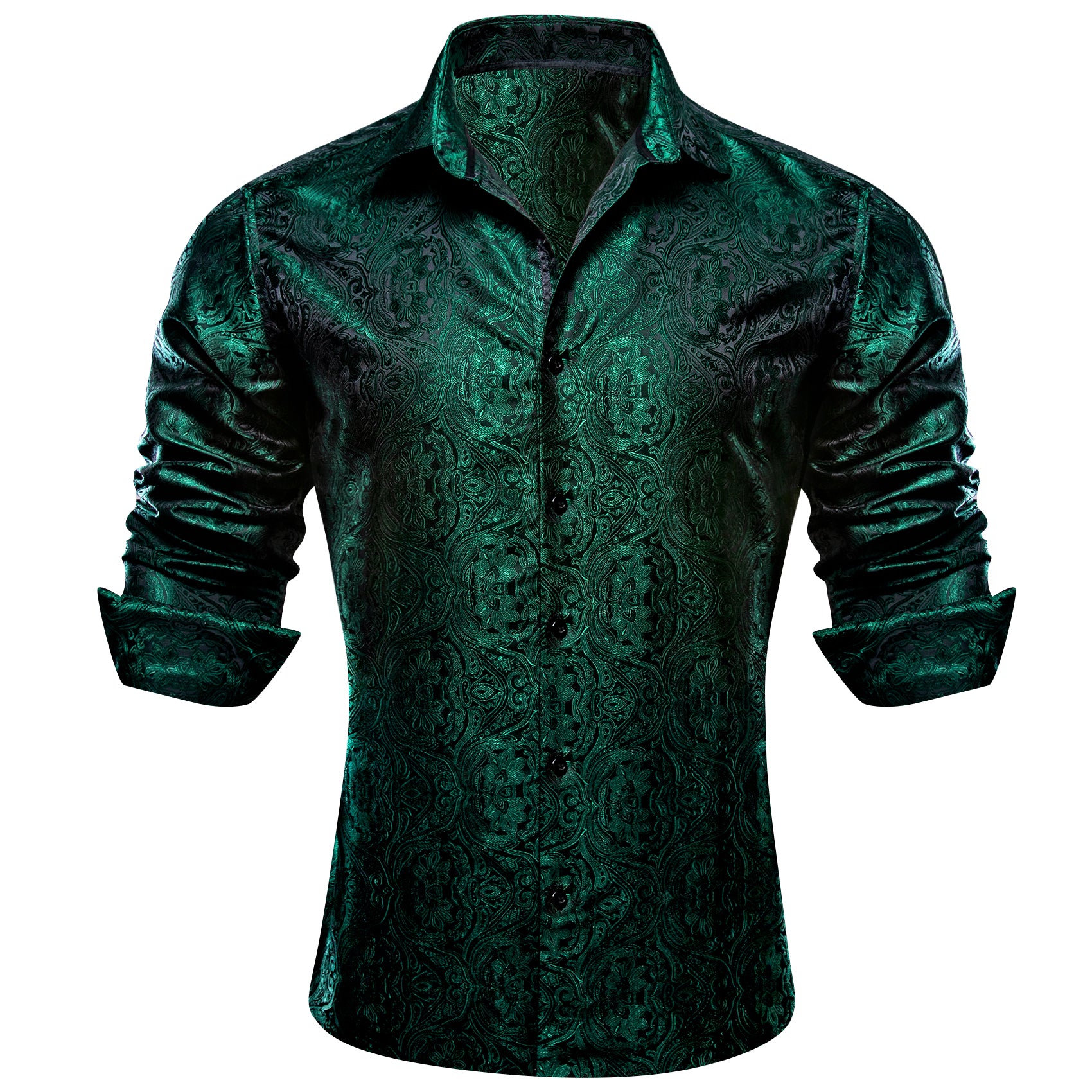 Barry.wang New Black Green Paisley Men's Silk Shirt
