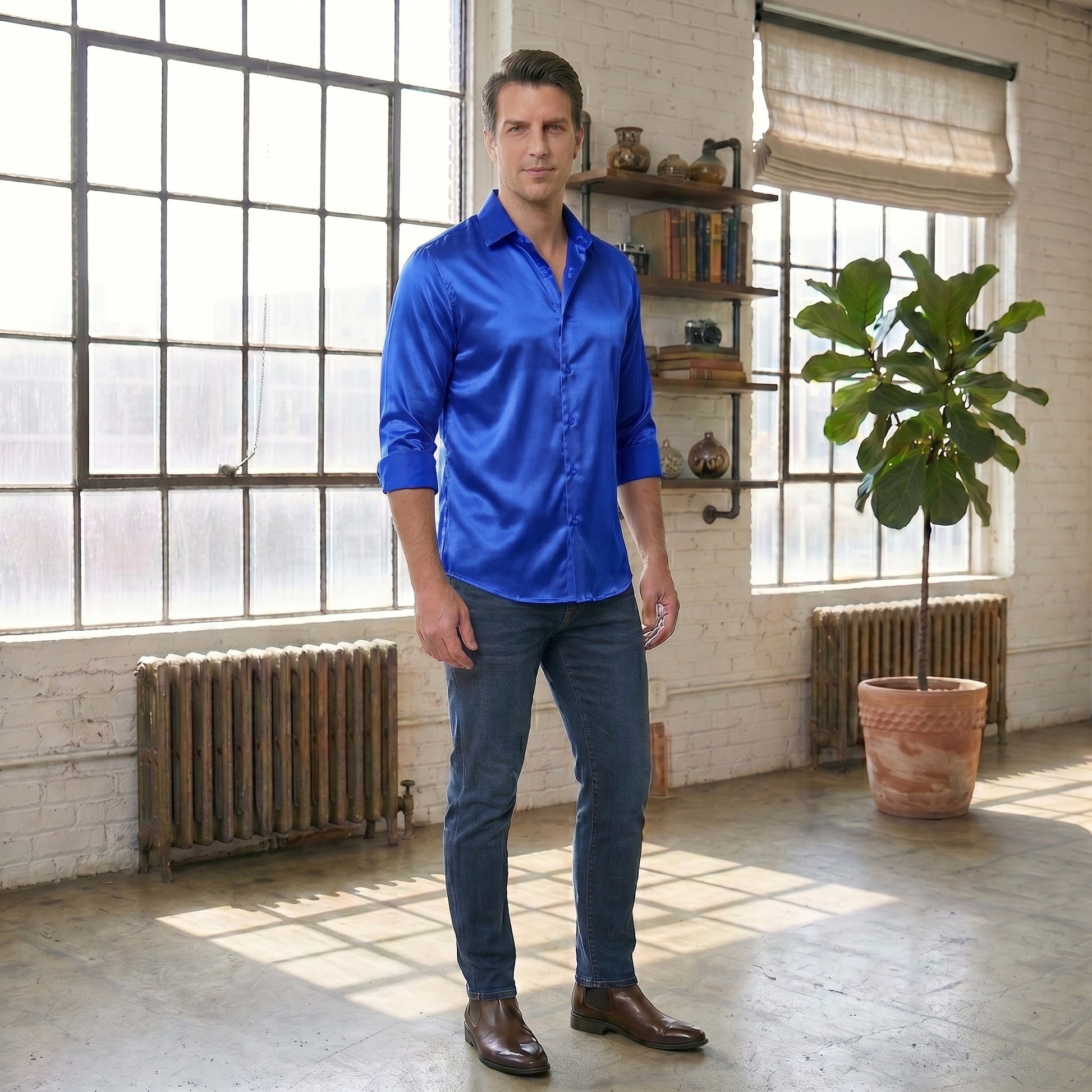 Barry. Wang Royal Blue Satin Mens Dress Shirts Long Sleeve Solid Forma Barry. Wang Royal Blue Satin Mens Dress Shirts Long Sleeve Solid Forma