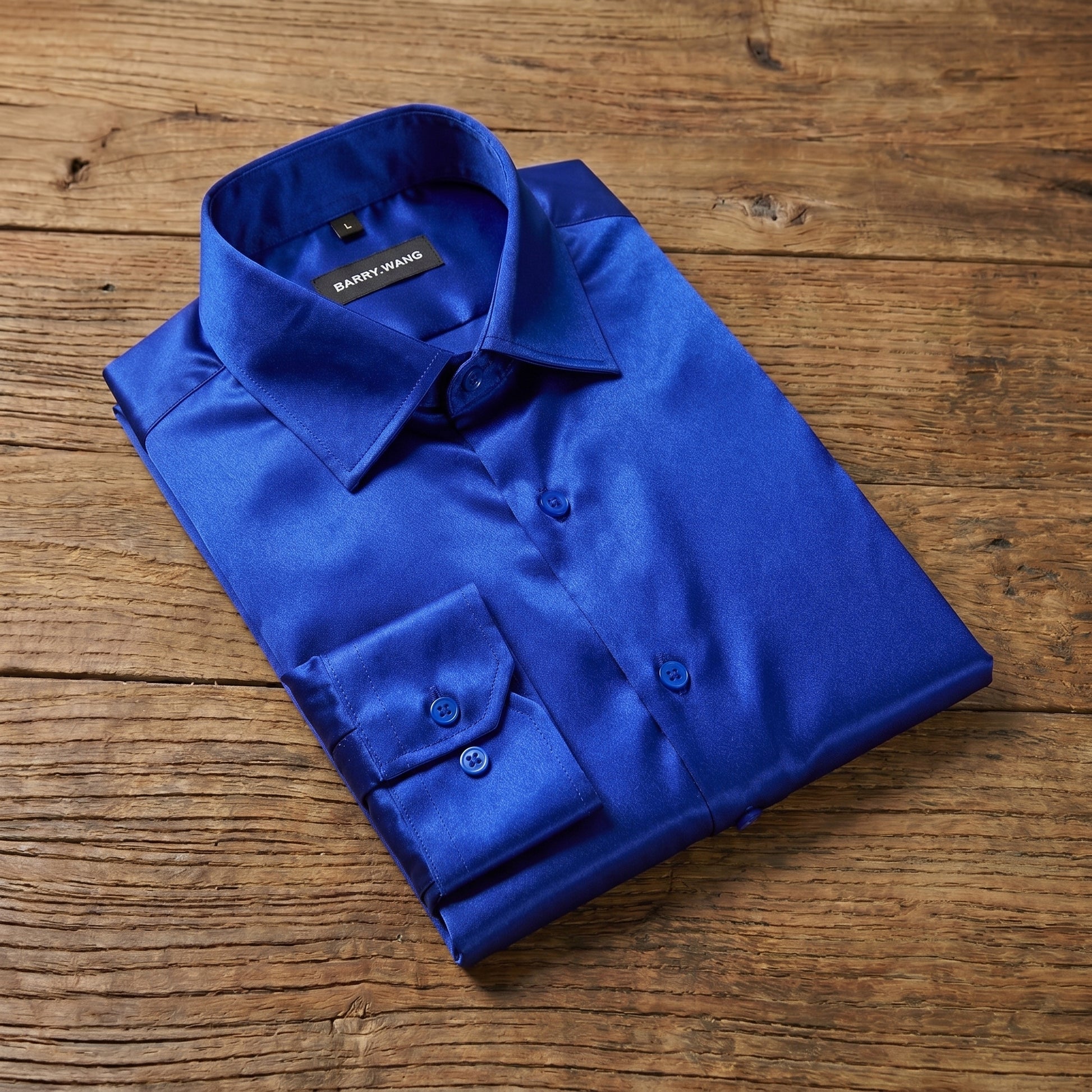 Barry. Wang Royal Blue Satin Mens Dress Shirts Long Sleeve Solid Forma Barry. Wang Royal Blue Satin Mens Dress Shirts Long Sleeve Solid Forma