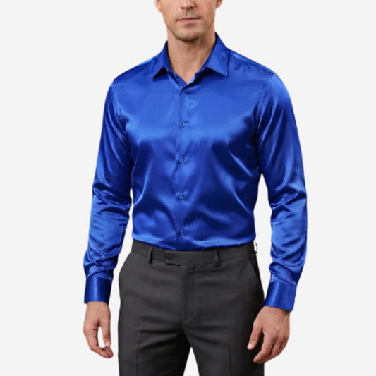 Barry. Wang Royal Blue Satin Mens Dress Shirts Long Sleeve Solid Formal Shirt