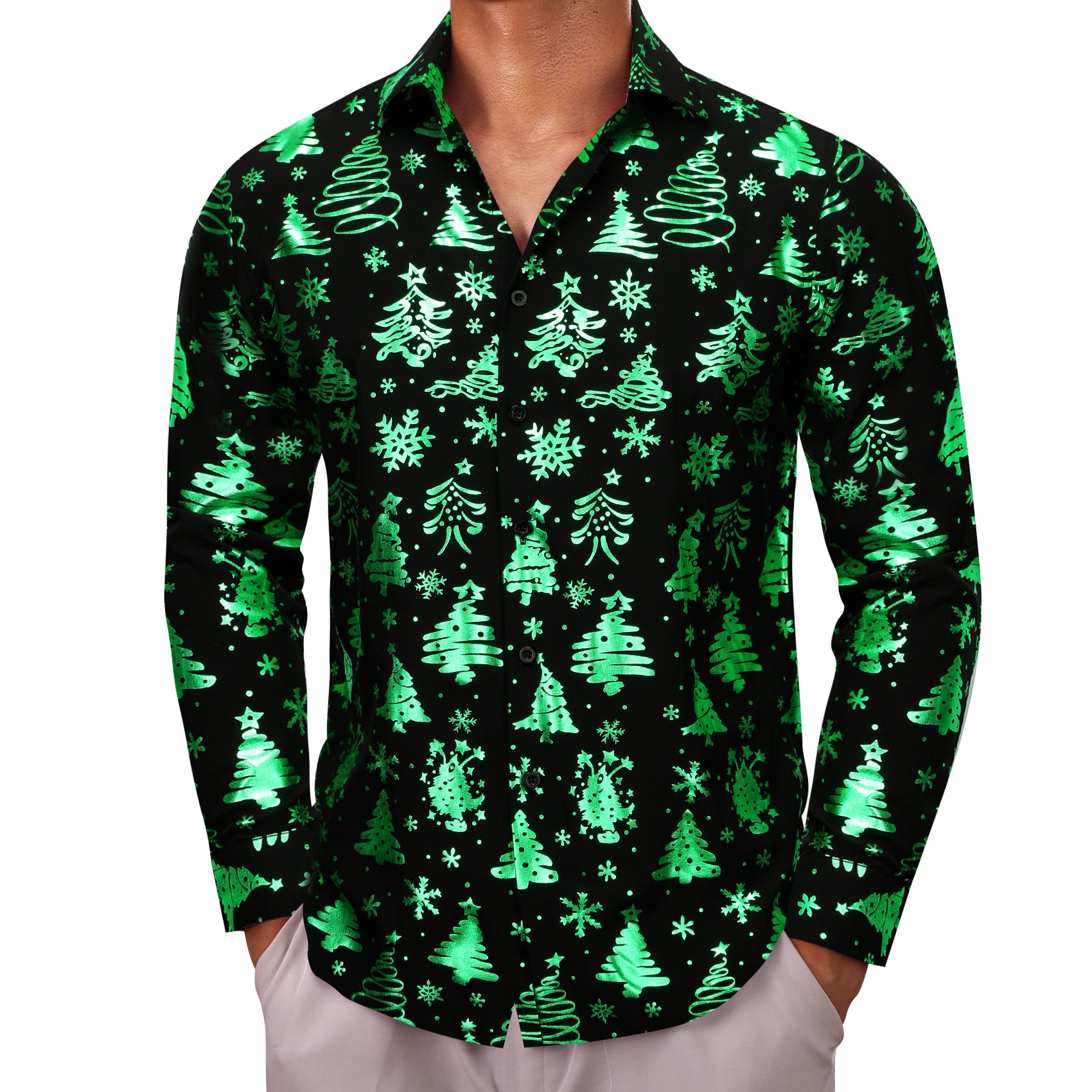 Christmas Black Green Xmas Pattern Floral Silk Men's Shirt