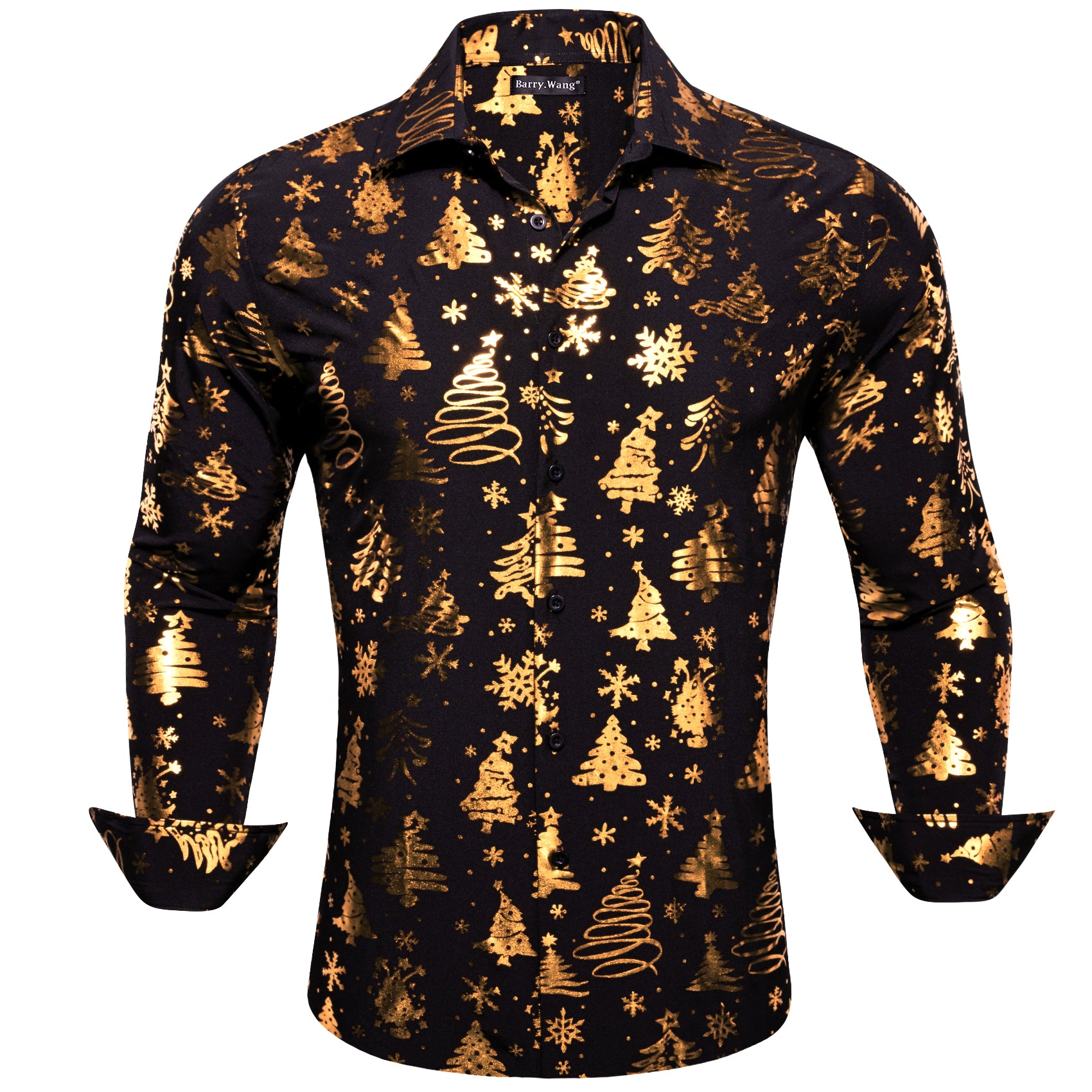 Barry.wang Christmas Shirt Black Gold Xmas Tree Floral Silk Men's Shirt