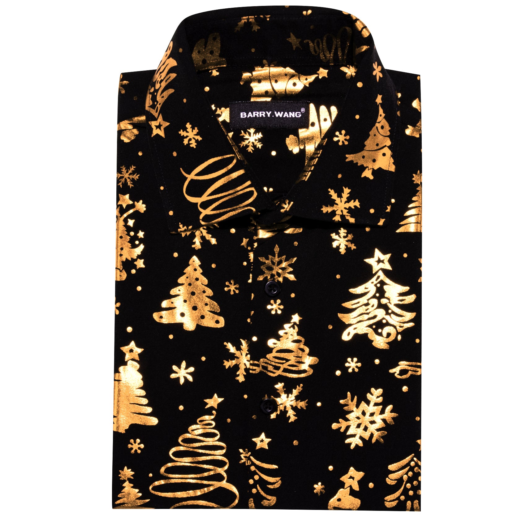 Barry.wang Christmas Shirt Black Gold Xmas Tree Floral Silk Men's Shirt
