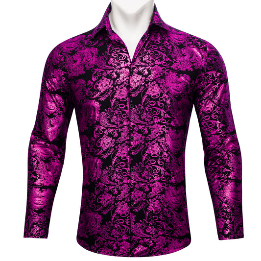 Barry. Wang  Hot Pink Floral Shirt Button Down Silk Long Sleeve Party Shirt