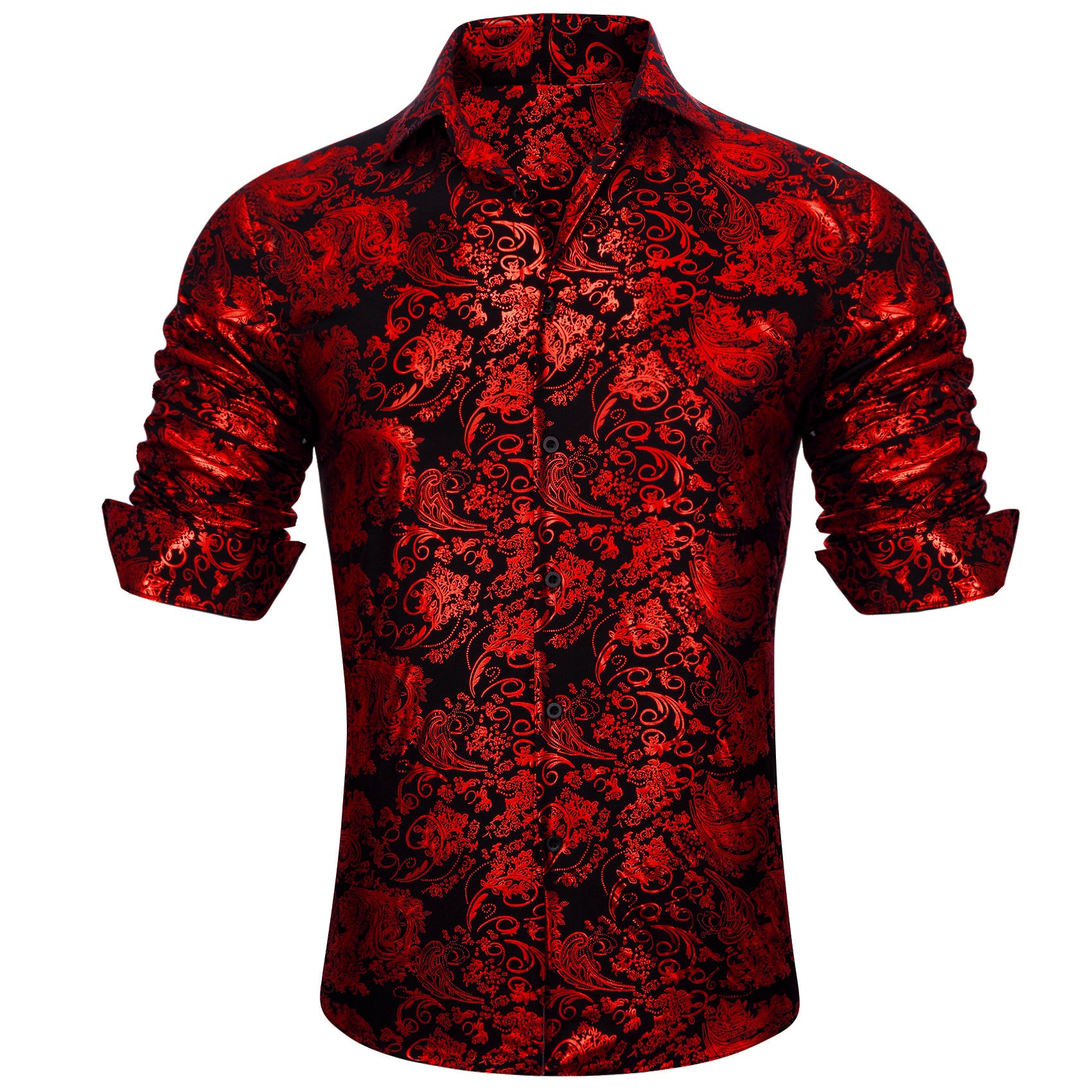 Barry. Wang Mens Red Floral Shirt Dress Silk Button Down Long Sleeve S