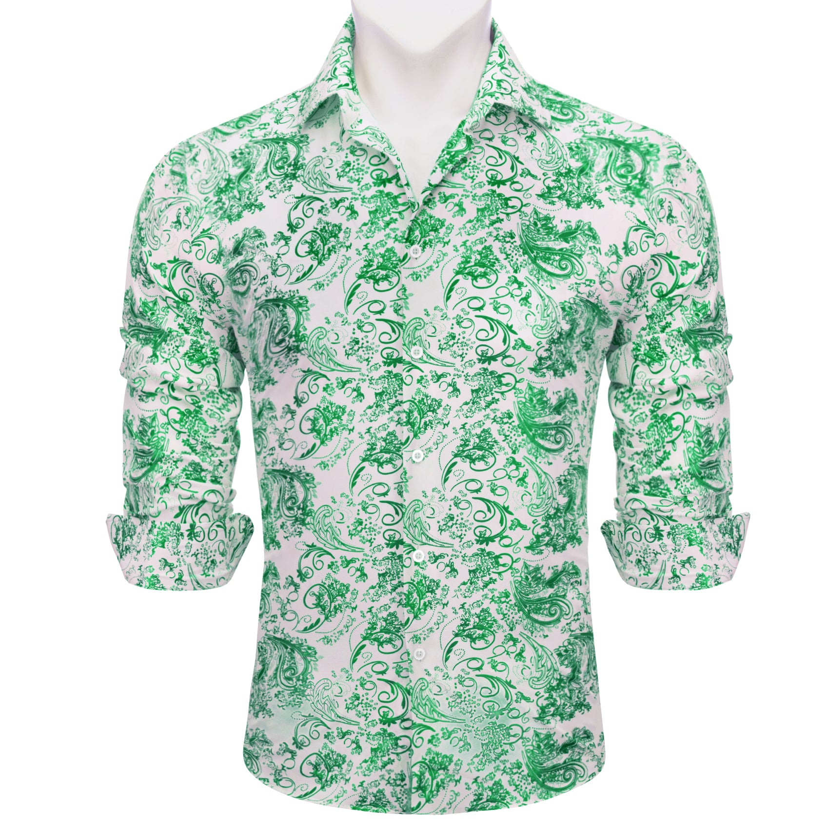 Barry.wang Refreshing White Green Floral Silk Men's Shirt