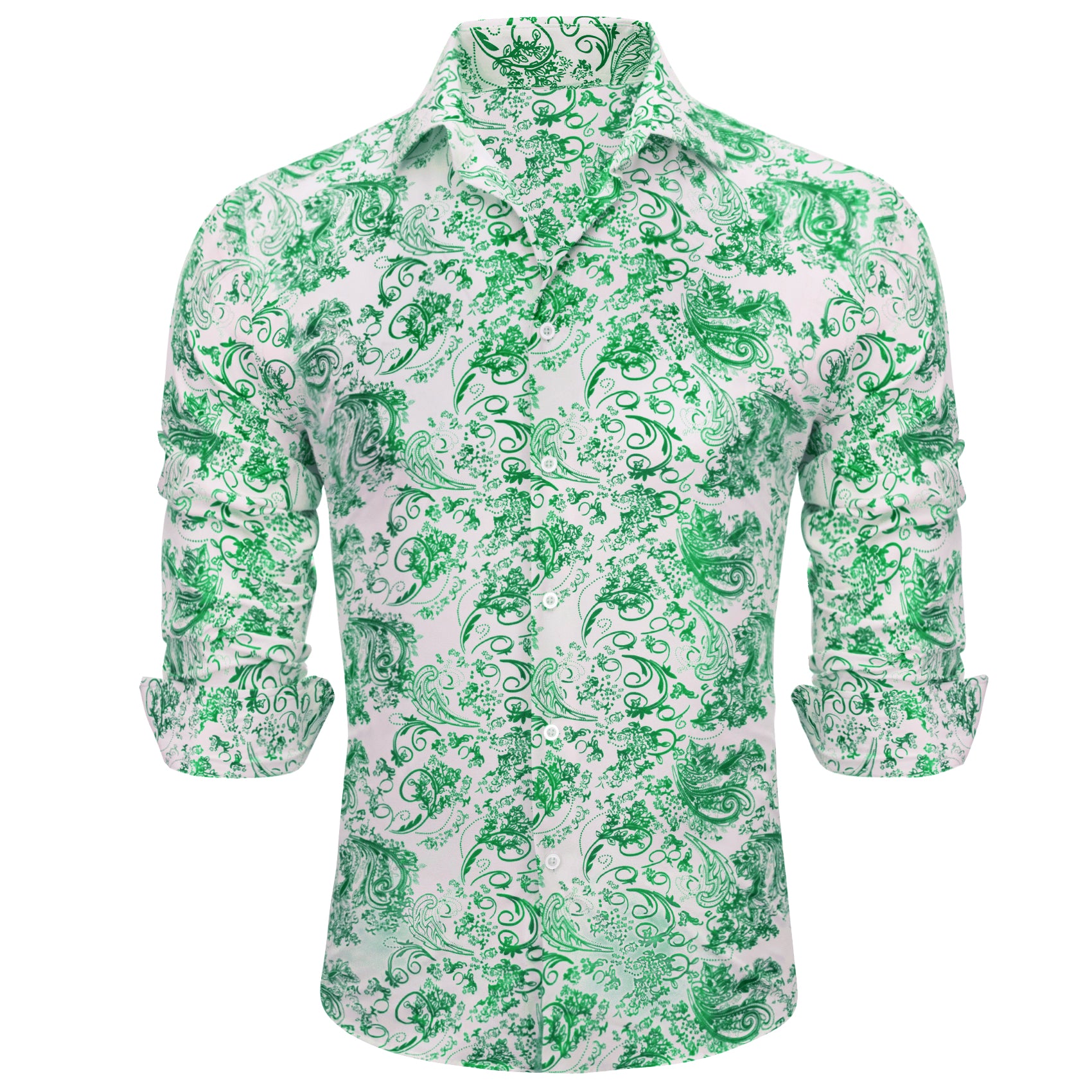 Barry.wang Refreshing White Green Floral Silk Men's Shirt