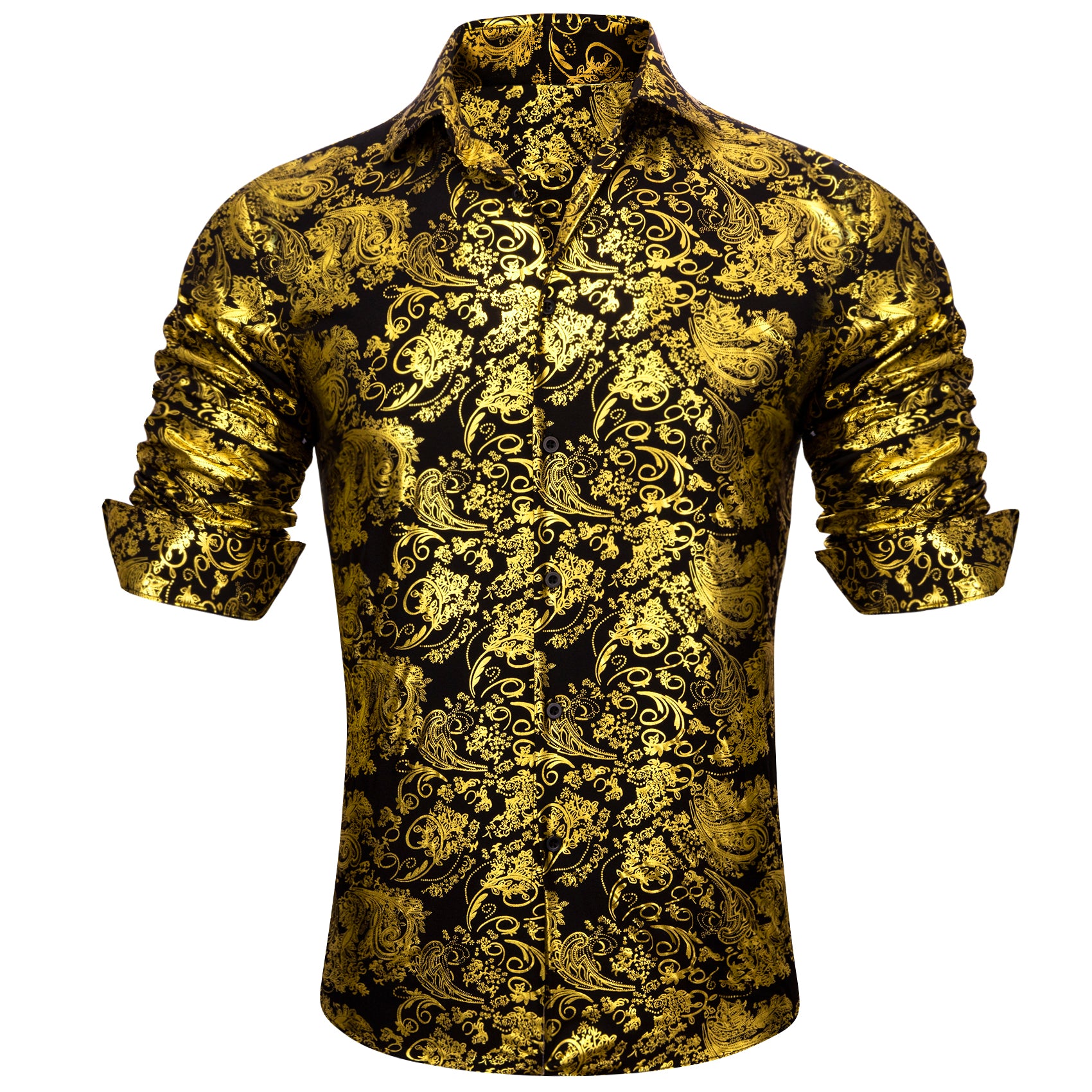 Barry.wang Button Down Shirt Classy Gold Black Paisley Silk Men's Shirt