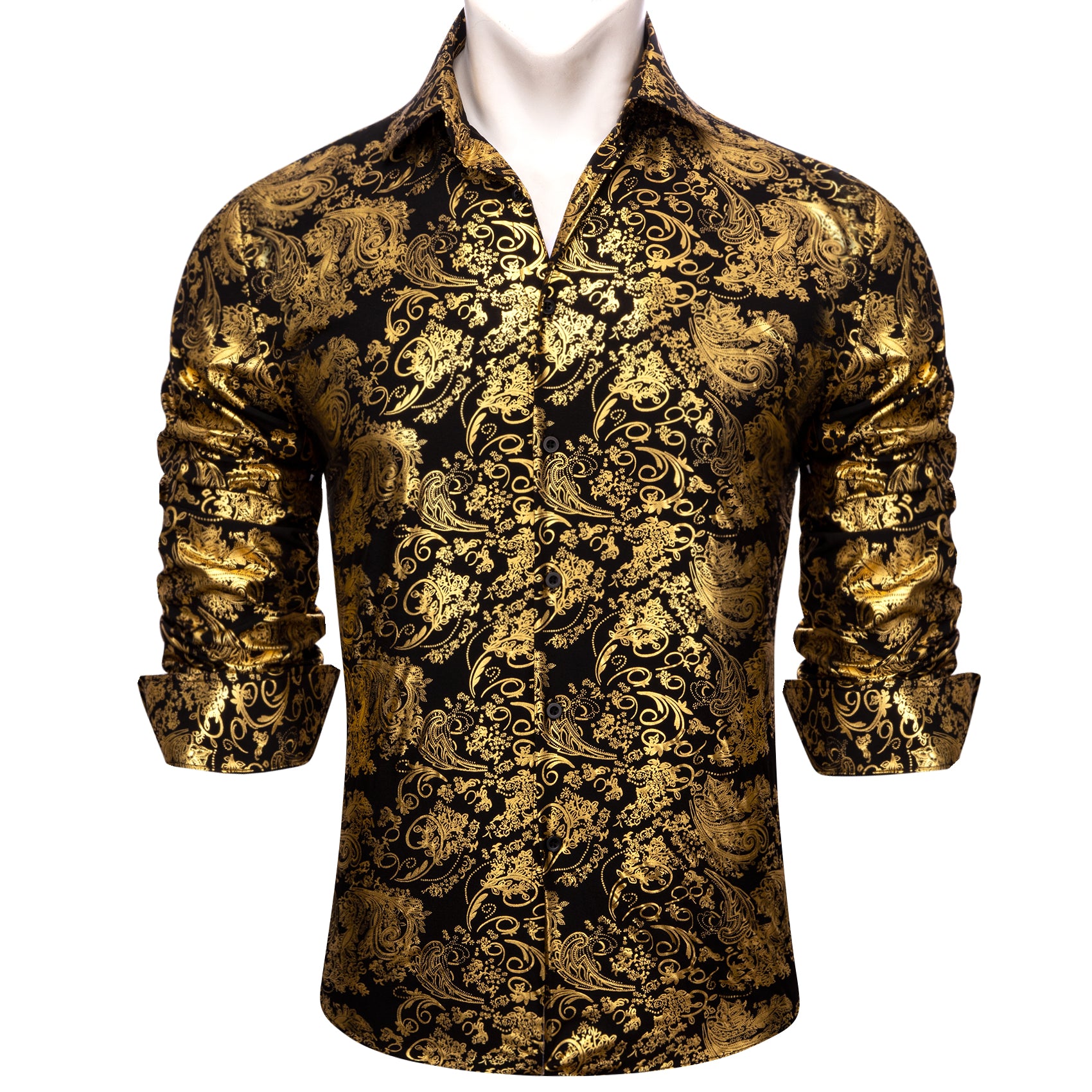 Barry.wang Button Down Shirt Classy Gold Black Paisley Silk Men's Shirt