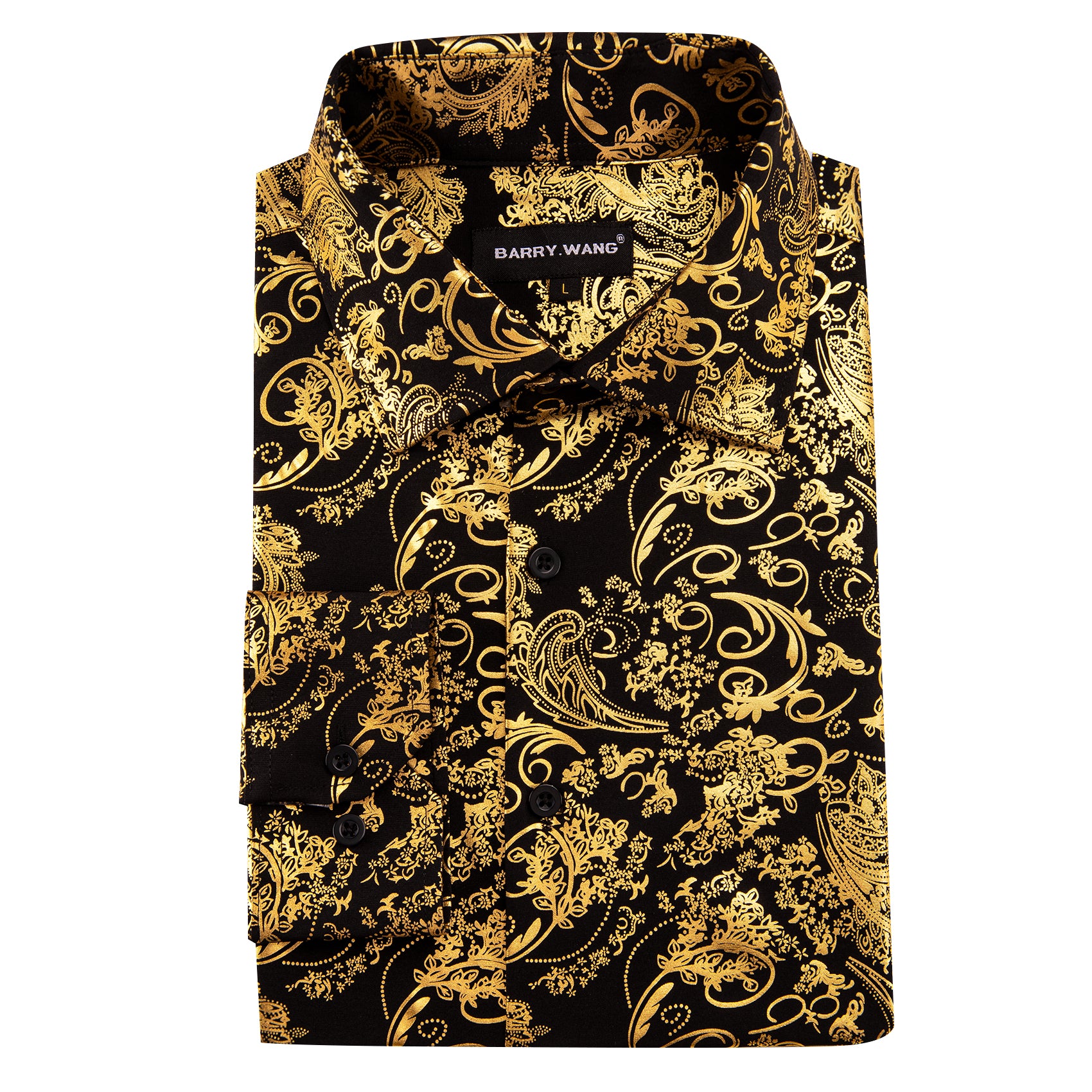 Barry. Wang Bright Gold Black Paisley Silk Men's Shirt