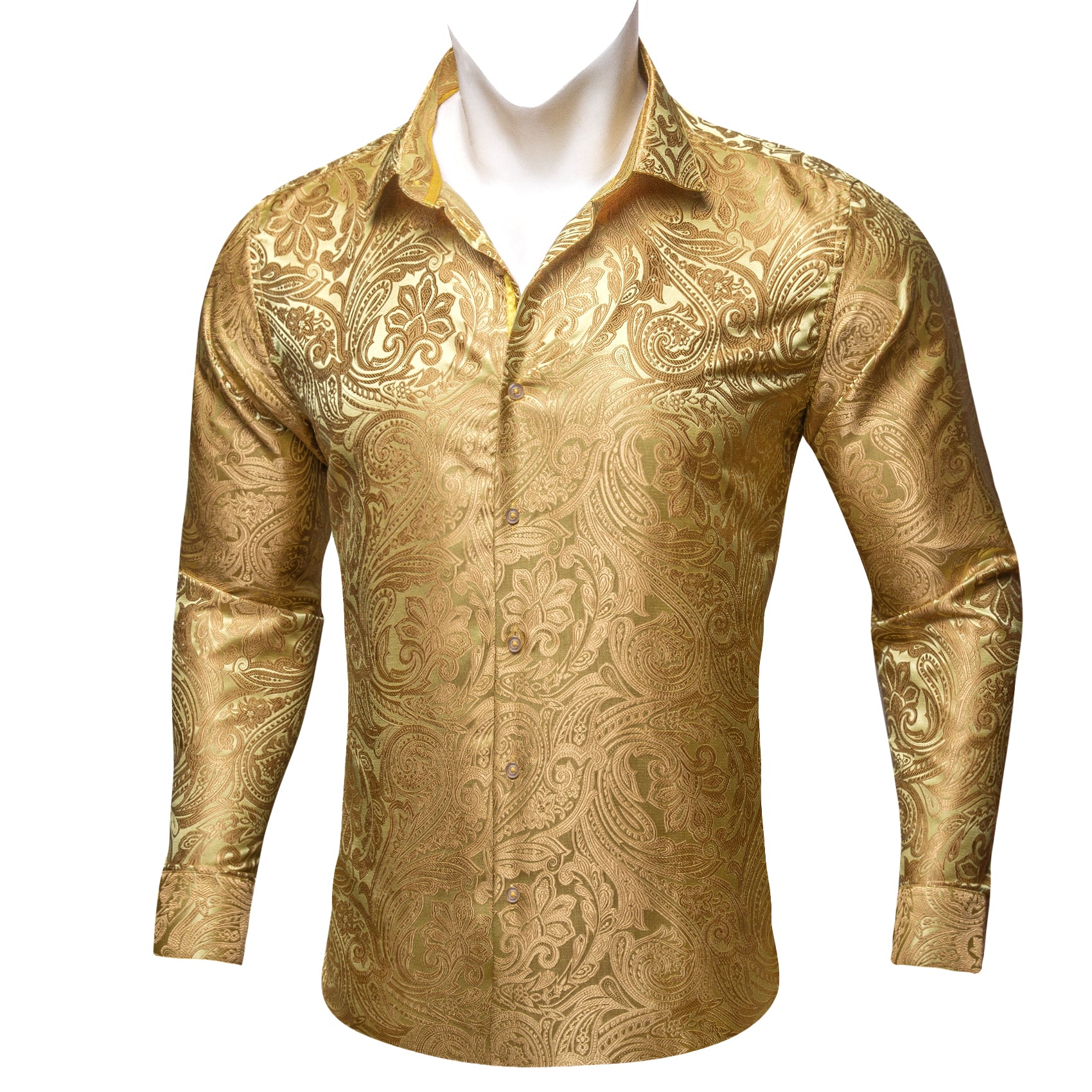 Barry Wang Shirt Mens Gold Jacquard Paisley Silk Men's Dress Shirt