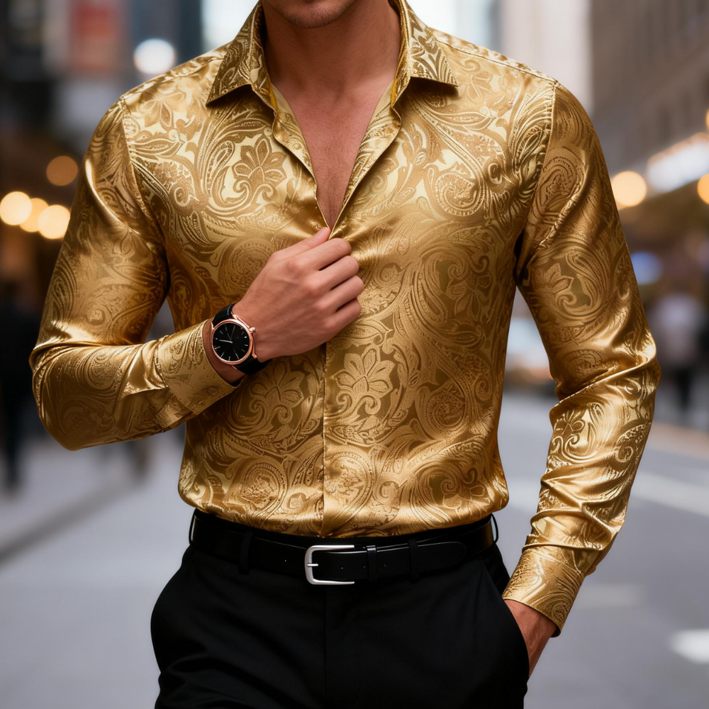 Barry. Wang Mens Gold Dress Shirt Paisley Silk Long Sleeve Button Down Formal Shirts, M Barry. Wang Mens Gold Dress Shirt Paisley Silk Long Sleeve Button Down Formal Shirts, M