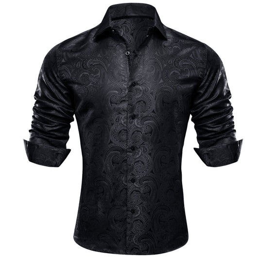 Barry. Wang Mens Black Dress Shirt Paisley Silk Long Sleeve Button Down Formal Shirts